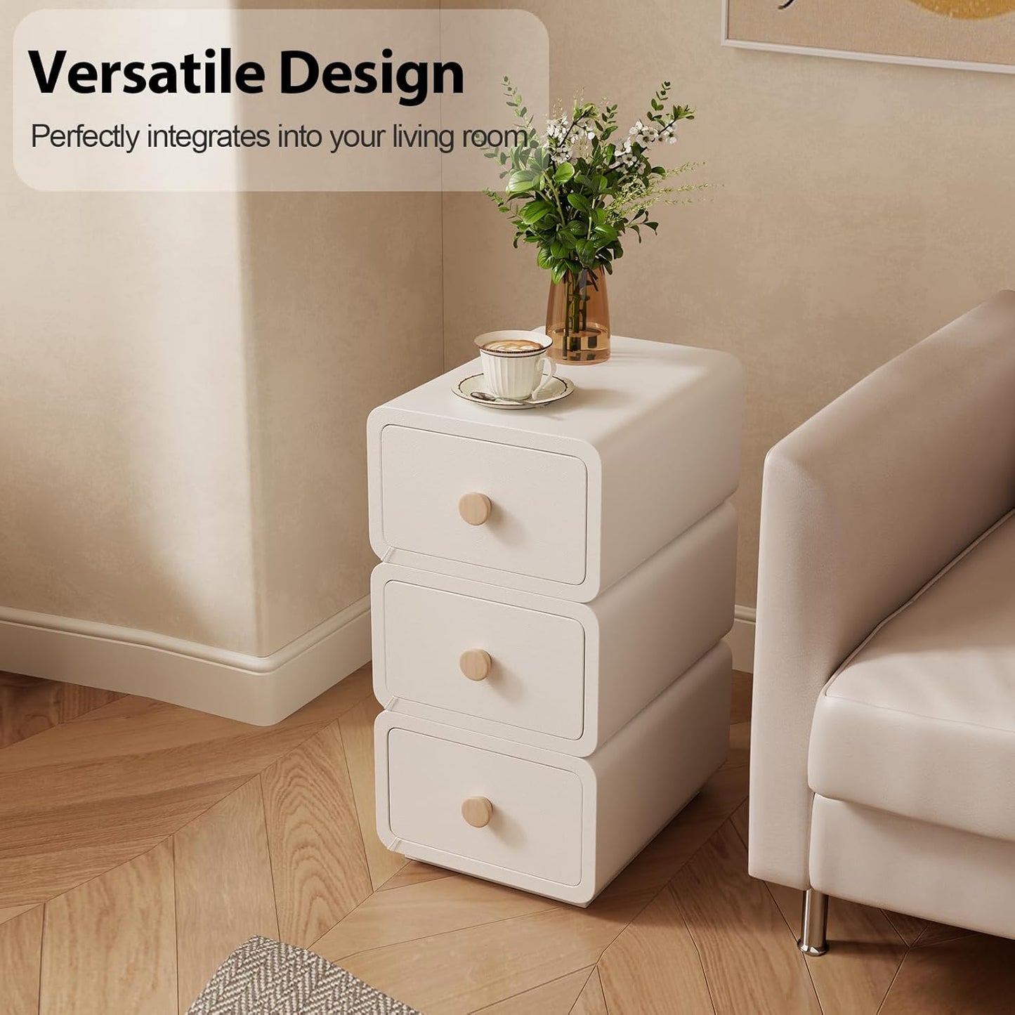 White Night Stand, Narrow Nightstand with Drawers, Modern Nightstand for Bedroom, Dorm and Living Room.