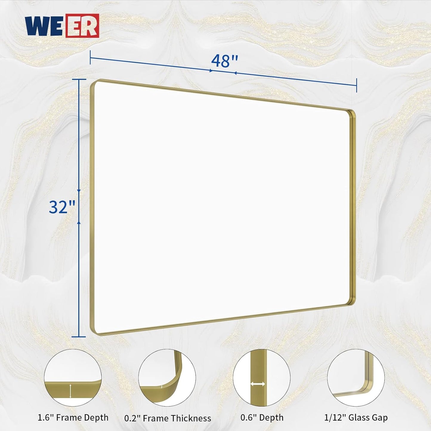 WEER Gold Bathroom Mirror, 48X32 Inch Brushed Gold Metal Frame Mirror, Rounded Rectangle Gold Bathroom Vanity Mirror for Wall, Tempered Glass, Anti-Rust, Hangs Horizontally or Vertically
