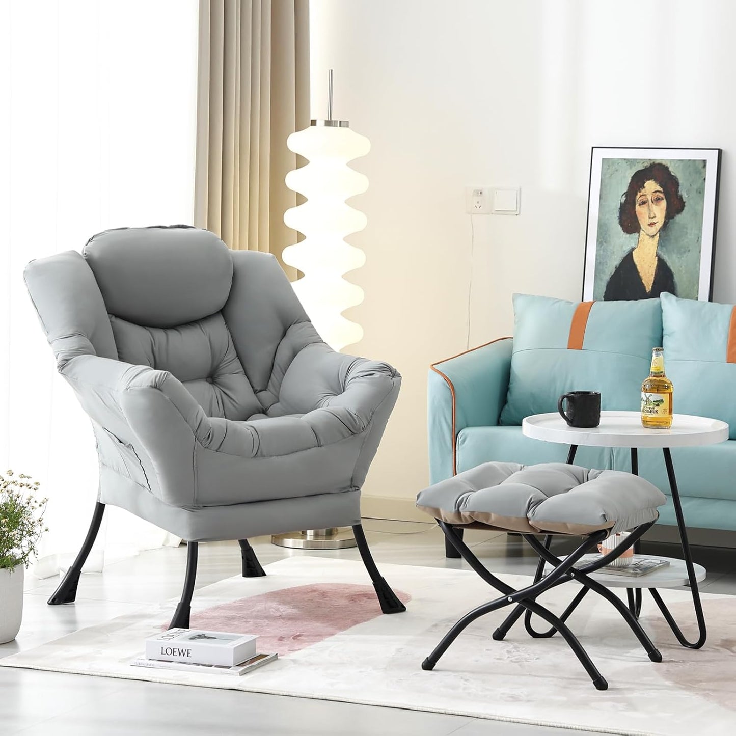 Lazy Chair with Ottoman, Modern Accent Chair Contemporary Lounge Leisure Sofa Chair with Armrests, Reading Chair and Folding Footstool Set for Living Room, Bedroom, Office, White Grey