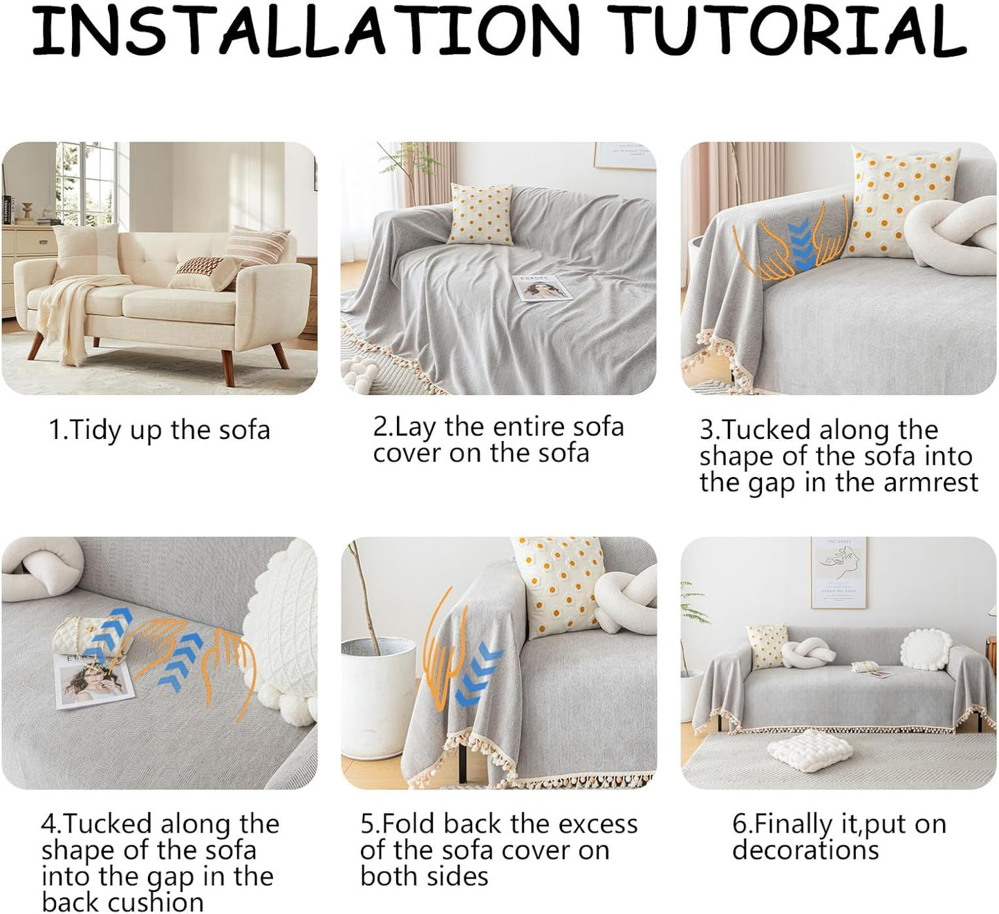 HANDONTIME Grey Sofa Cover for 3 Seat Couch - Dog Resistant, Light Grey, 91" X118", Tassel Chenille Herringbone