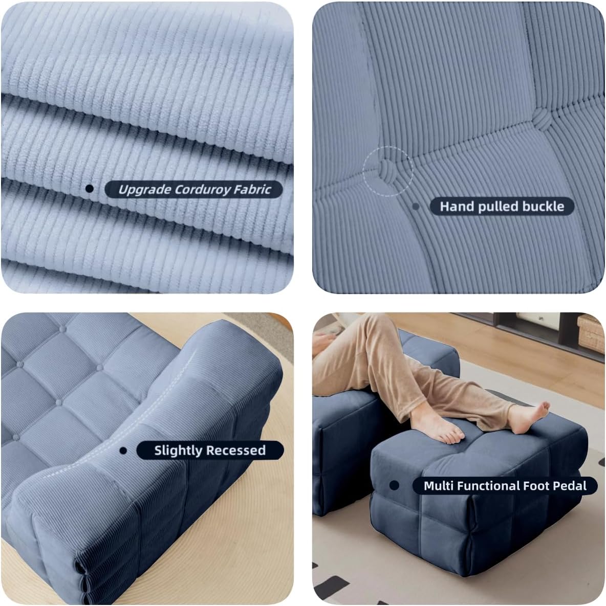 Bean Bag Chair - Memory Foam Bean Bag Chair for Adults, Comfy High-Resilience Single Sofa, Small Space Floor Chair, Chaise Lounge for Living Room, Bedroom (Dark Blue, Square + Ottoman)