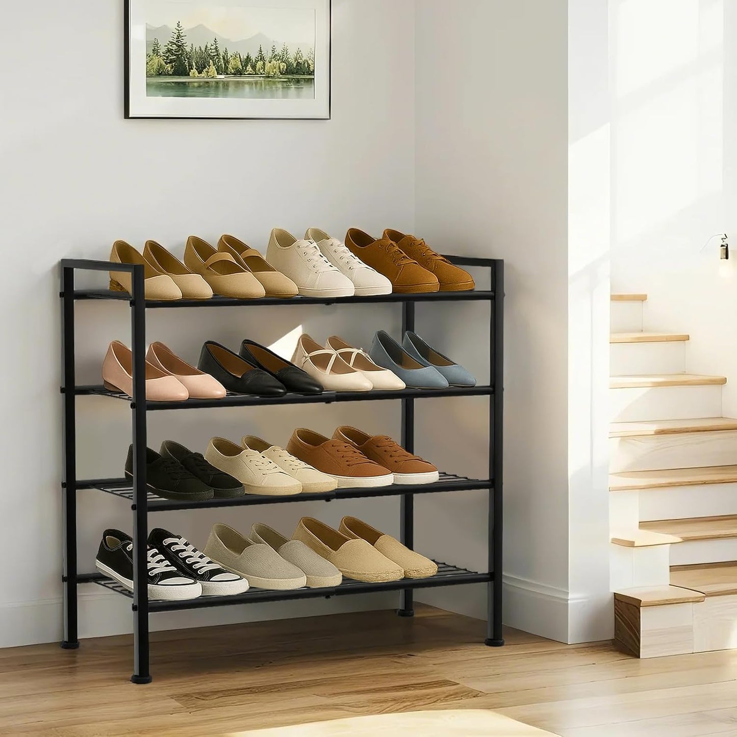 Simple 4 Tier Shoe Rack,Metal Stackable Shoe Storage Organizer for Closet,Entryway, Bedroom, Black (Black, 4-Tier)