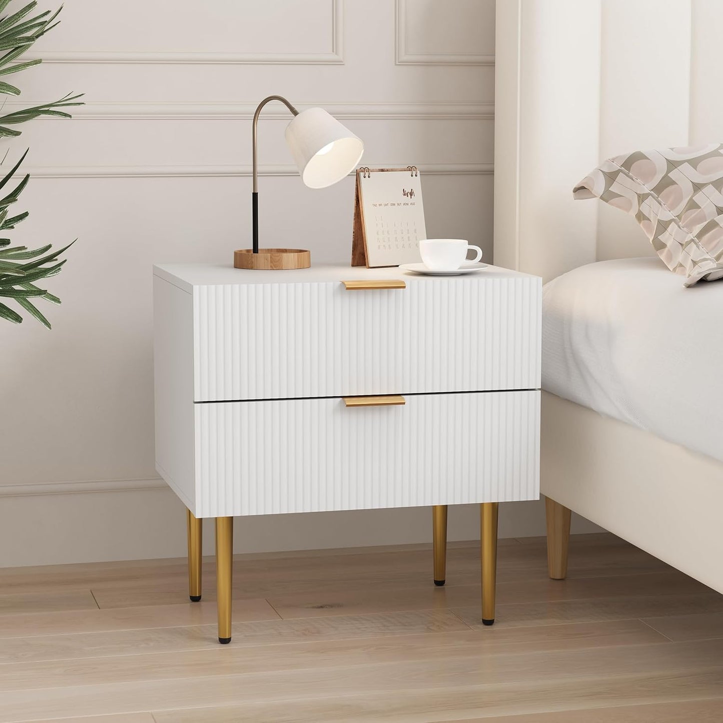 Set of 2 Nightstand, White Mid Century Modern Night Stand with Fluted Panel, Bedside Table with 2 Drawer, Large NightStand with Gold Leg for Bedroom