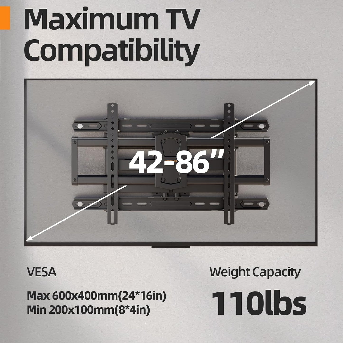 IWORKBORAD 42-86 '' Full Motion TV Wall Mount 24 Inch Studs, Heavy Duty TV Mount 24 inch Studs, Swivel Tilt Extension Level, up to 110 lbs & 600x400mm VESA