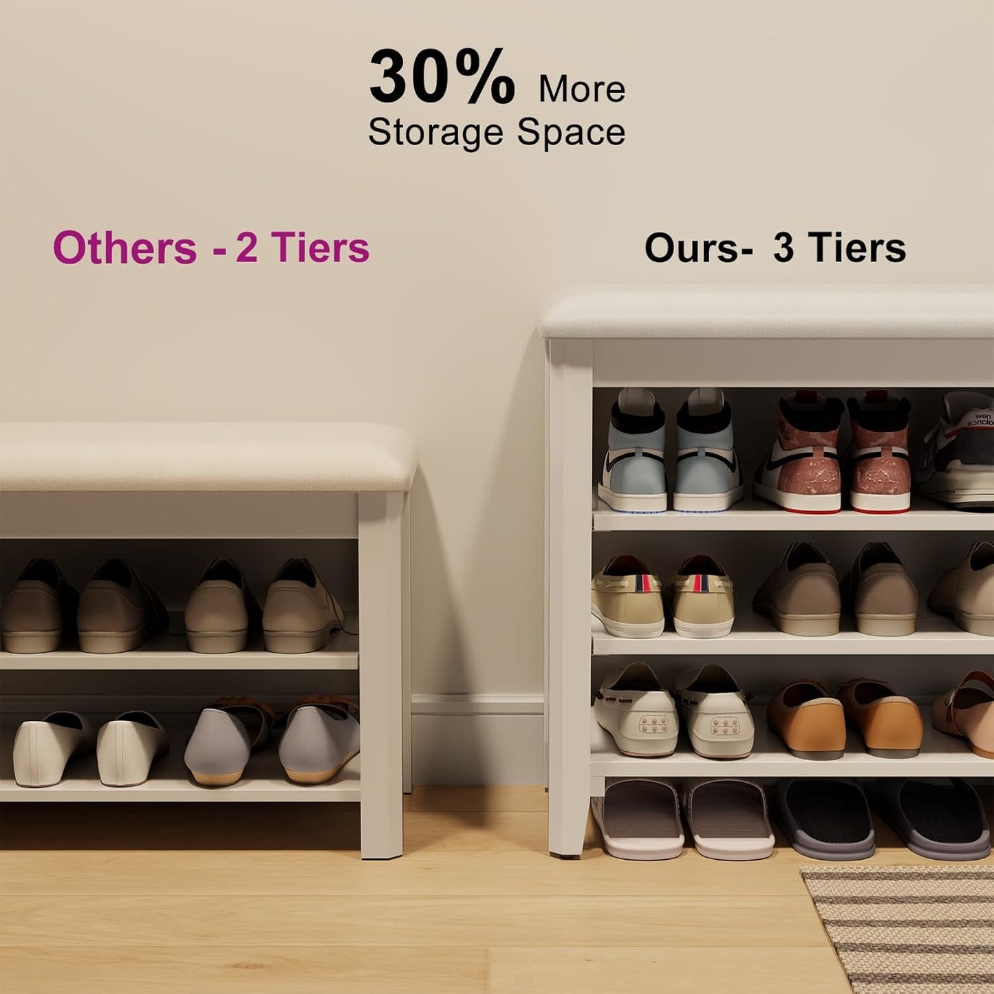 Shoe Bench with Leather Cushion, 3 Tiers Shoe Storage Bench Height Adjustable, Walnut Wood Entryway Bench for Hallway, Mudroom