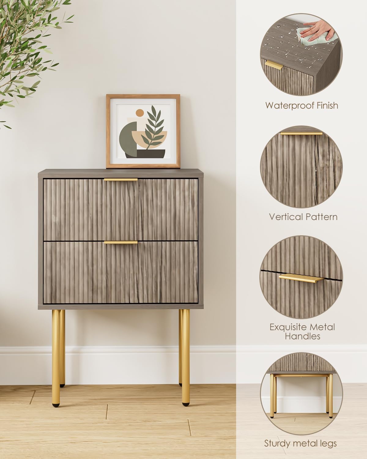 Nightstand,Small Bedside Table with Gold Frame,Morden Night Stand with 2 Drawer,End Table,Side Table with Drawer and Shelf for Bedroom,Living Room (Grey-2Drawer)