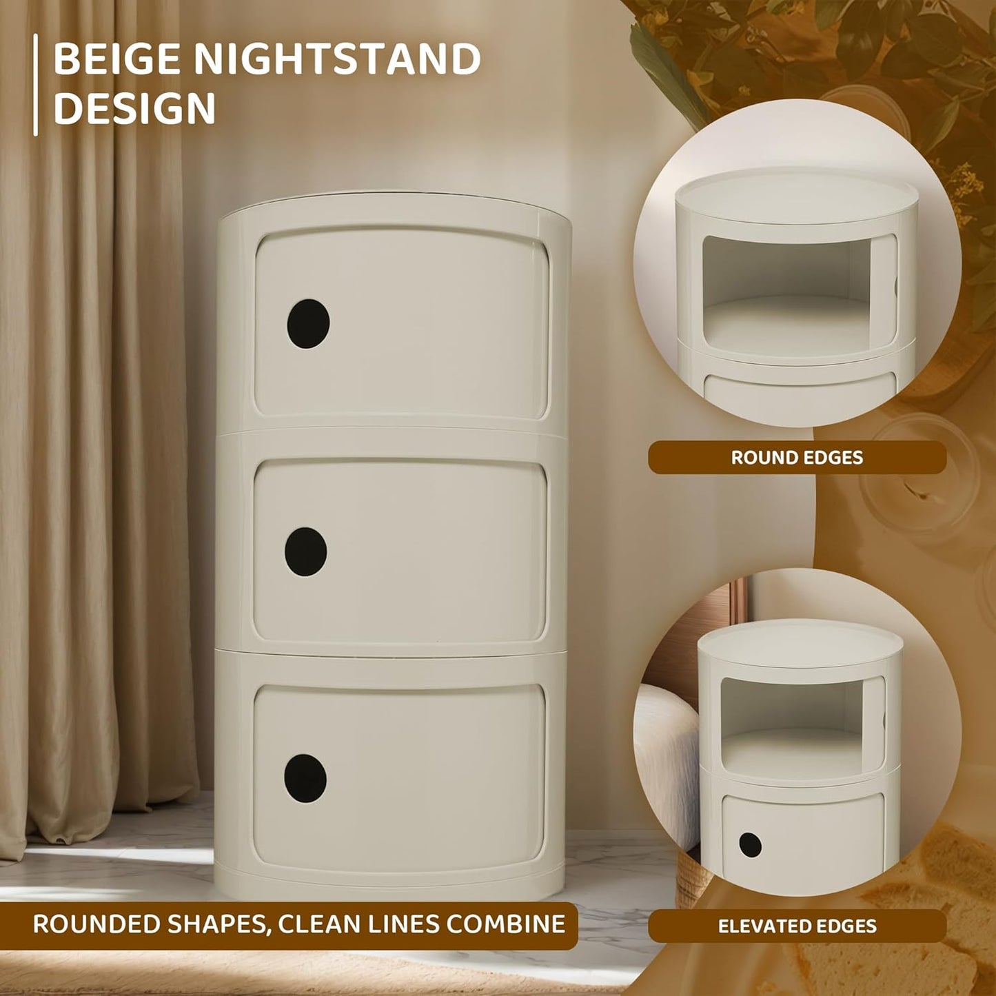 3 Tier Round with Storage, Modern Style Side Table, Multifunctional End Table Storage Cabinet for Living Room, Bedroom, Bathroom (Beige)