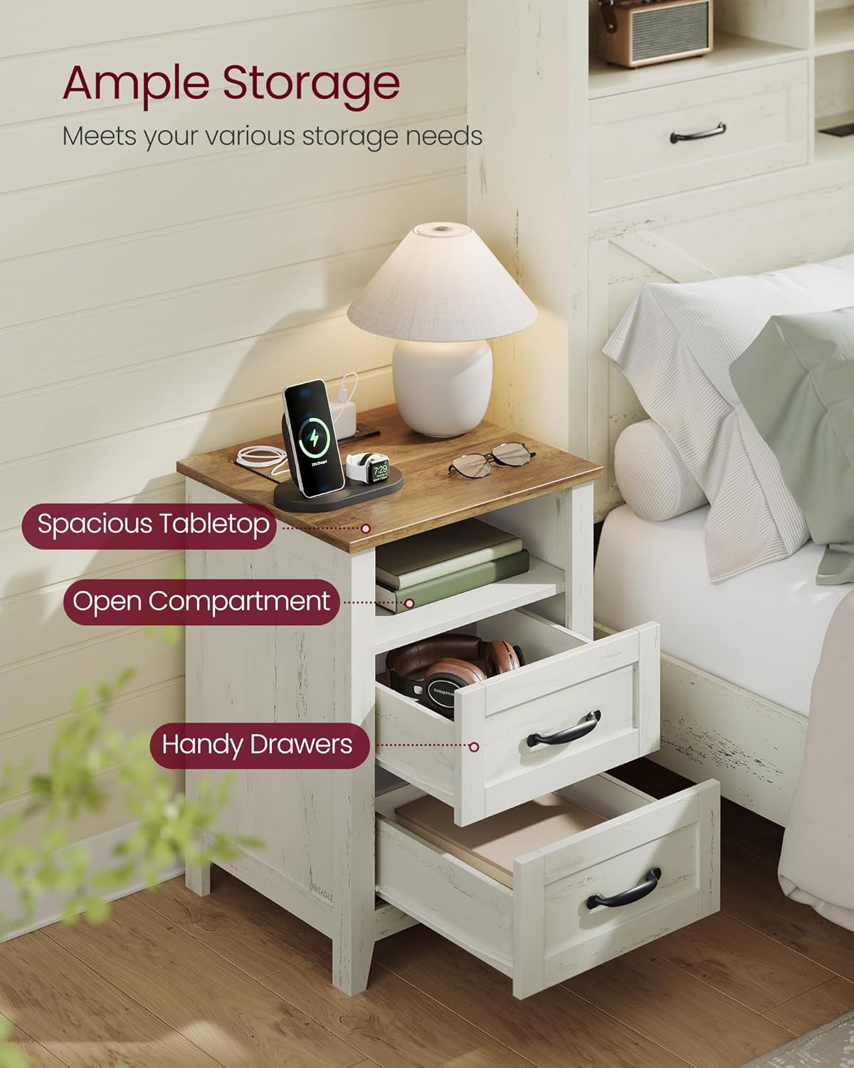 VASAGLE LIRY Collection - Farmhouse Nightstand with Charging Station, Bedside Table, Side Table with 2 Drawers, Open Compartment, for Bedroom, Rustic White and Honey Brown ULET669W0