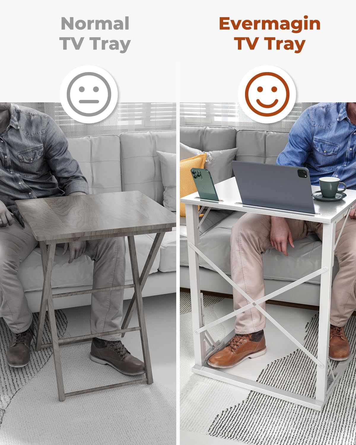 21''Wx28''H Folding TV Tray for Eating, Small Foldable C-Shaped Tray Table with Tablet and Phone Slots, Slide Under Couch Side Table for Recliner, Living Room, Bedroom, White