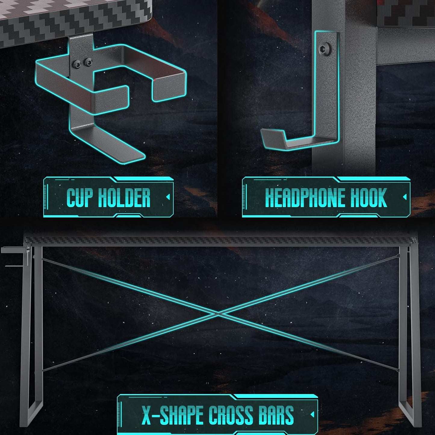 Gaming Desk with Hutch and LED Lights, Gaming Computer Desk with Power Outlets, Gamer Desk with Storage Shelves, PC Game Desks with Pegboards, for Bedroom, Carbon Fiber Black, 49"