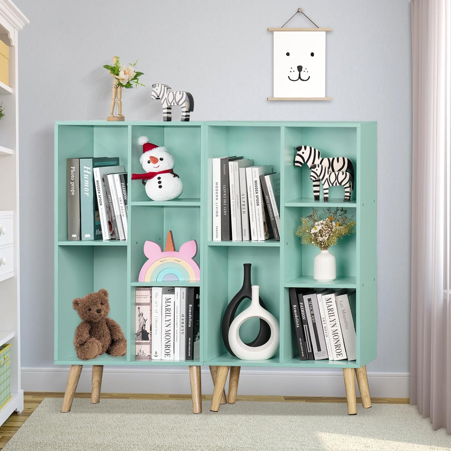 LEYAOYAO 5 Cube Bookshelf 3-Tier Bookcase with Legs,Mint Green Kids Book Shelf Cute Storage Organizer,Free Standing Open Toy Shelves Wood Bookshelves,Display Bookcases for Bedroom,Living Room,Nursery