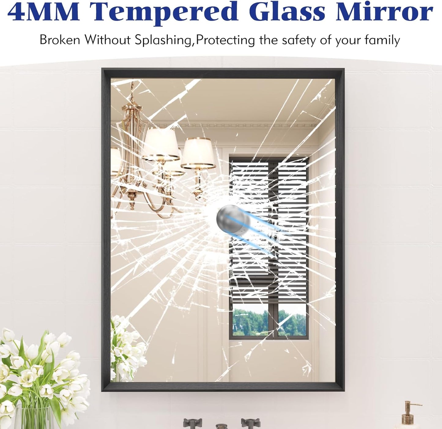 Rectangle Bathroom Mirror 28x36 Inch, Matte Black Framed, 4MM Tempered Glass, Anti-Rust, Wall-Mount Vanity Mirror for Bathroom & Bedroom, Hangs Horizontally or Vertically