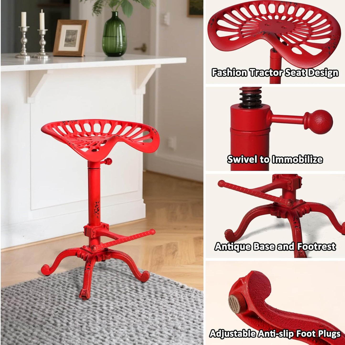 Industrial Tractor Seat Bar Stools Rustic Swivel Metal Saddle Seat Kitchen Counter Island Stool Vintage Dining Chair Farmhouse Coffee Stool Retro Office Guest Seating 19.7-26.8inch Height Adjustable