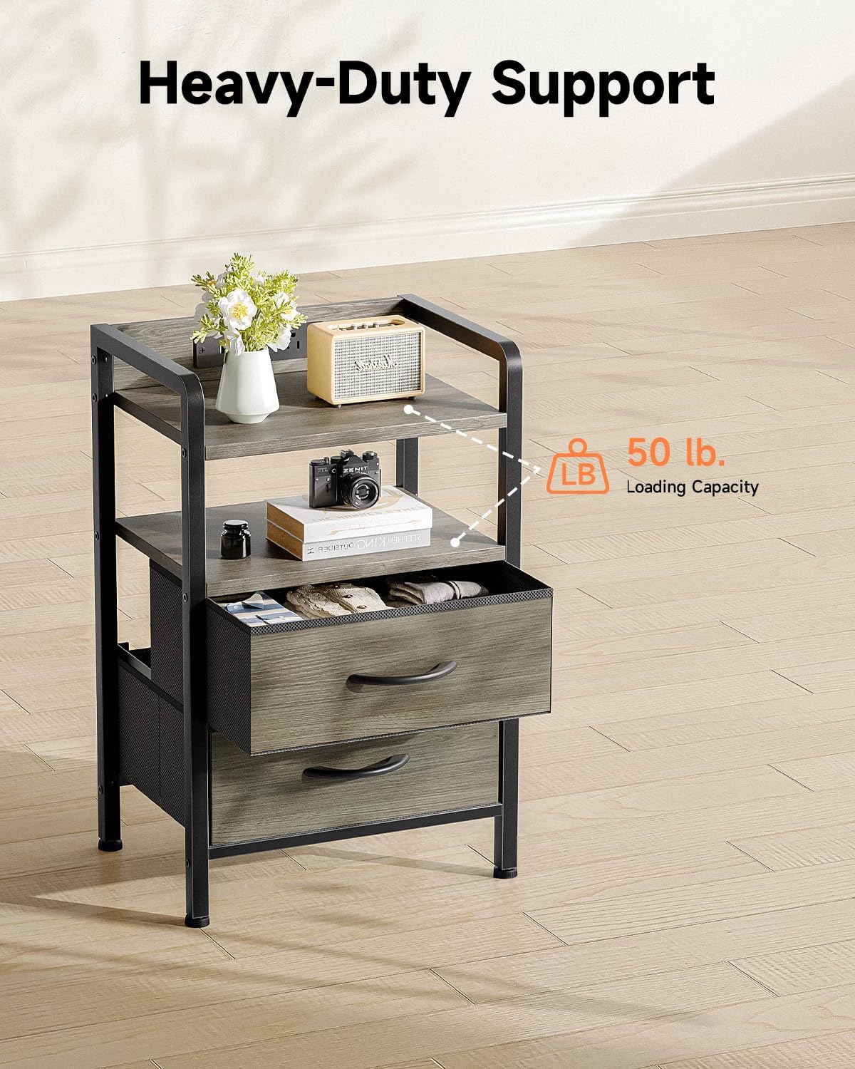 Night Stand Bedside Charger Bedroom - Grey Nightstand with Charging Station & LED Light Strip, Morden End Table with USB Ports & AC Outlets, Night Stand with Storage Shelf & 2 Fabric Drawers