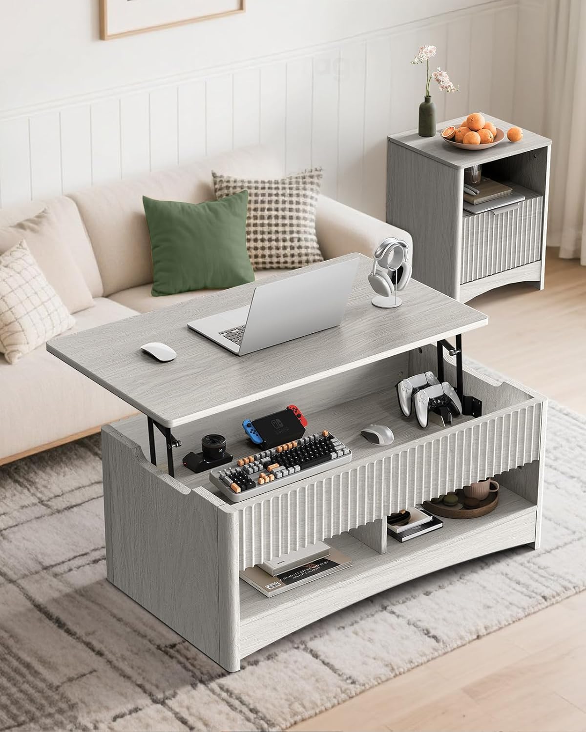 Marsail Lift Top Coffee Table with Open & Hidden Storage, Modern Fluted Coffee Table with Smooth Lift Mechanism, Sturdy Space-Saving Center Table for Home Living Room, Office, Light Grey