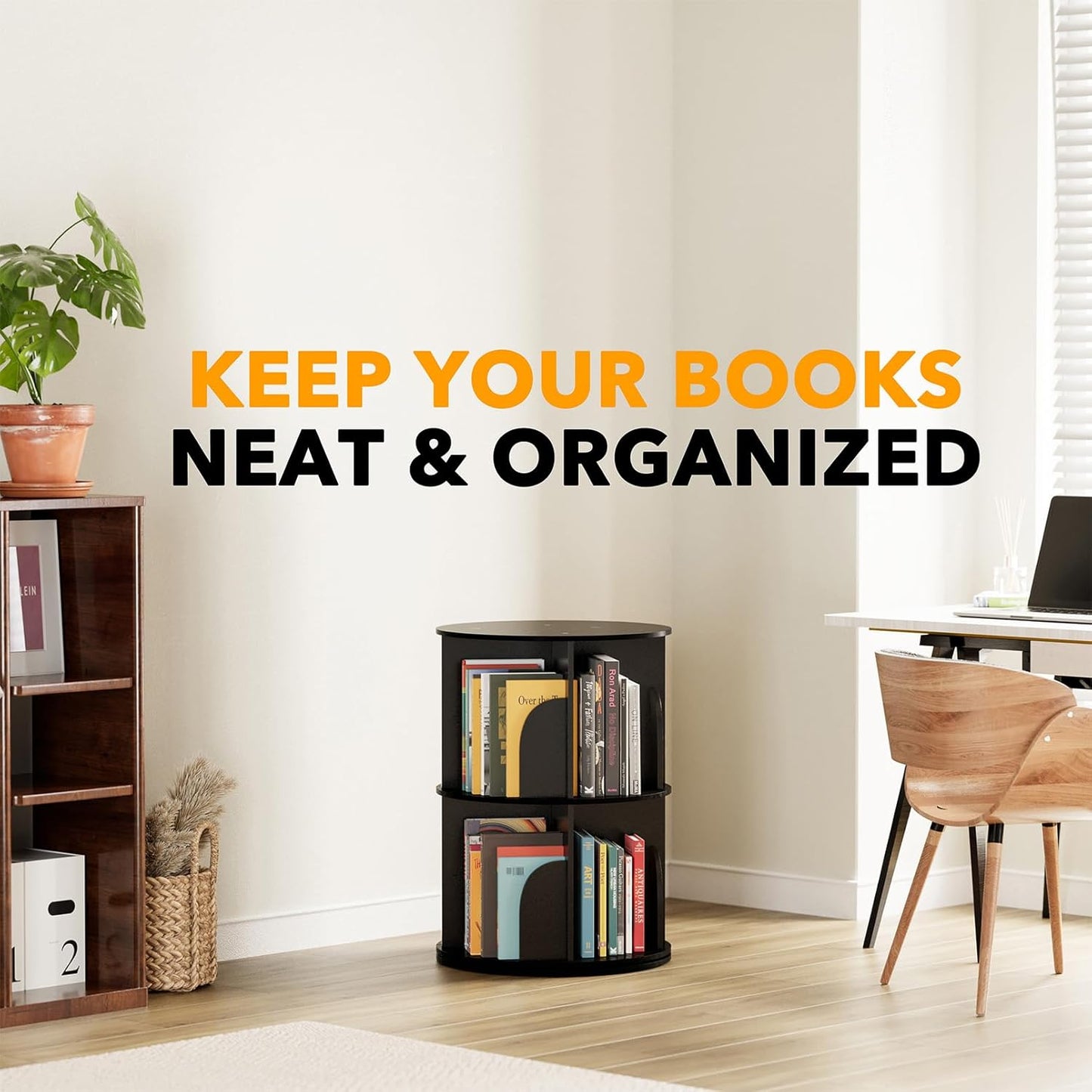 SpaceAid 2 Tier Rotating Bookshelf Tower, Spinning Bookcase Lazy Susan, Revolving 360 Book Shelf Storage Round Carousel, Vertical Rotate Turning Spiral Corner Organizer, Black