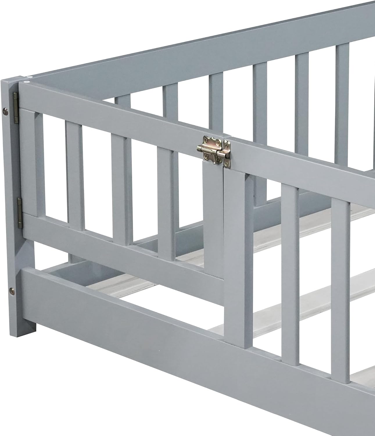 Bellemave Full Floor Bed with Slats and Safety Guardrails, Kids Montessori Floor Beds with Fence and Door, Easy Assemble Floor Bed for Kids, Girls, Boys, Gray