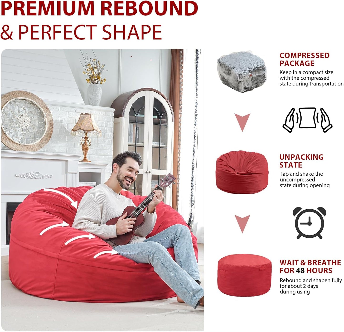 5FT Bean Bag Chair, Large Bean Bag Chairs with Memory Foam Filled, Fluffy Beanbag Sofa with Dutch Velvet Cover, Round BeanBag Chairs for Living Room, Playroom - Red