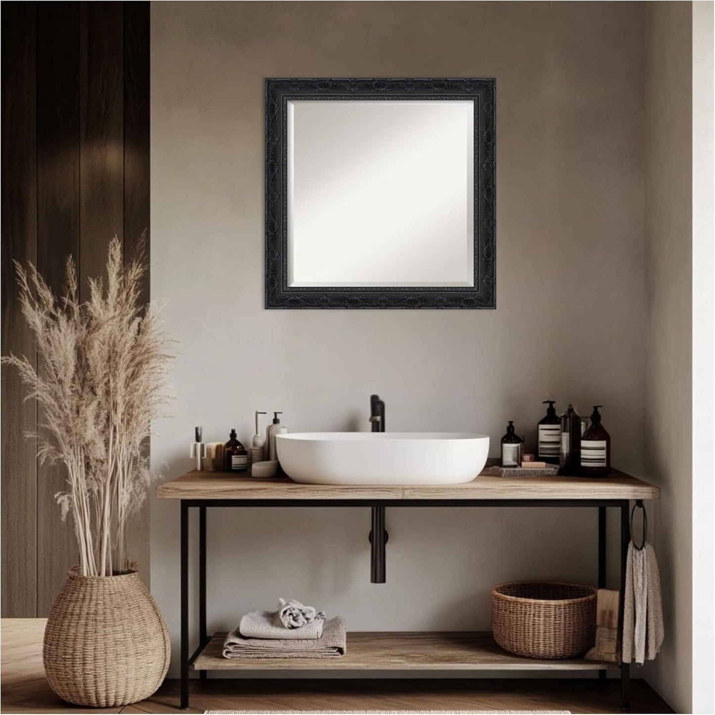Amanti Art Bathroom Mirror for Over Sink, 25x25 Filigree Gloss Black Square Vanity Mirror, Medium Traditional Frame, Hangs Horizonally and Vertically, Bathroom Wall Decor, Beveled Edge