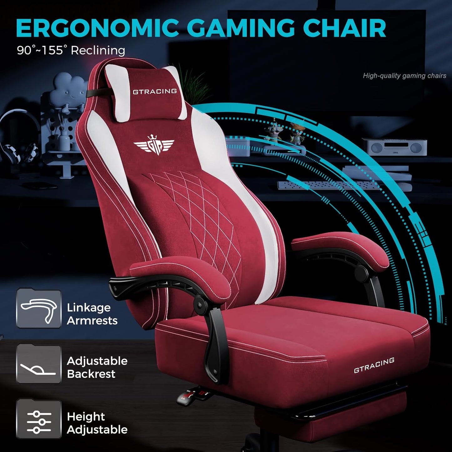 GTPLAYER Big and Tall Gaming Chair Breathable Fabric Computer Chair with Strong Lumbar Support, Comfortable Office Chairs with Pocket Spring Cushion, High Back Ergonomic Desk Chairs with Footrest
