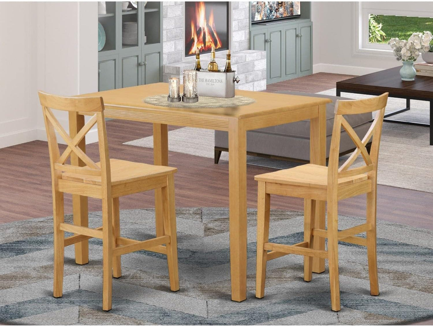 East West Furniture YAPB3-OAK-W 3 Piece Kitchen Counter Height Dining Table Set Contains a Rectangle Dining Room Table and 2 Wooden Seat Chairs, 30x48 Inch, Oak