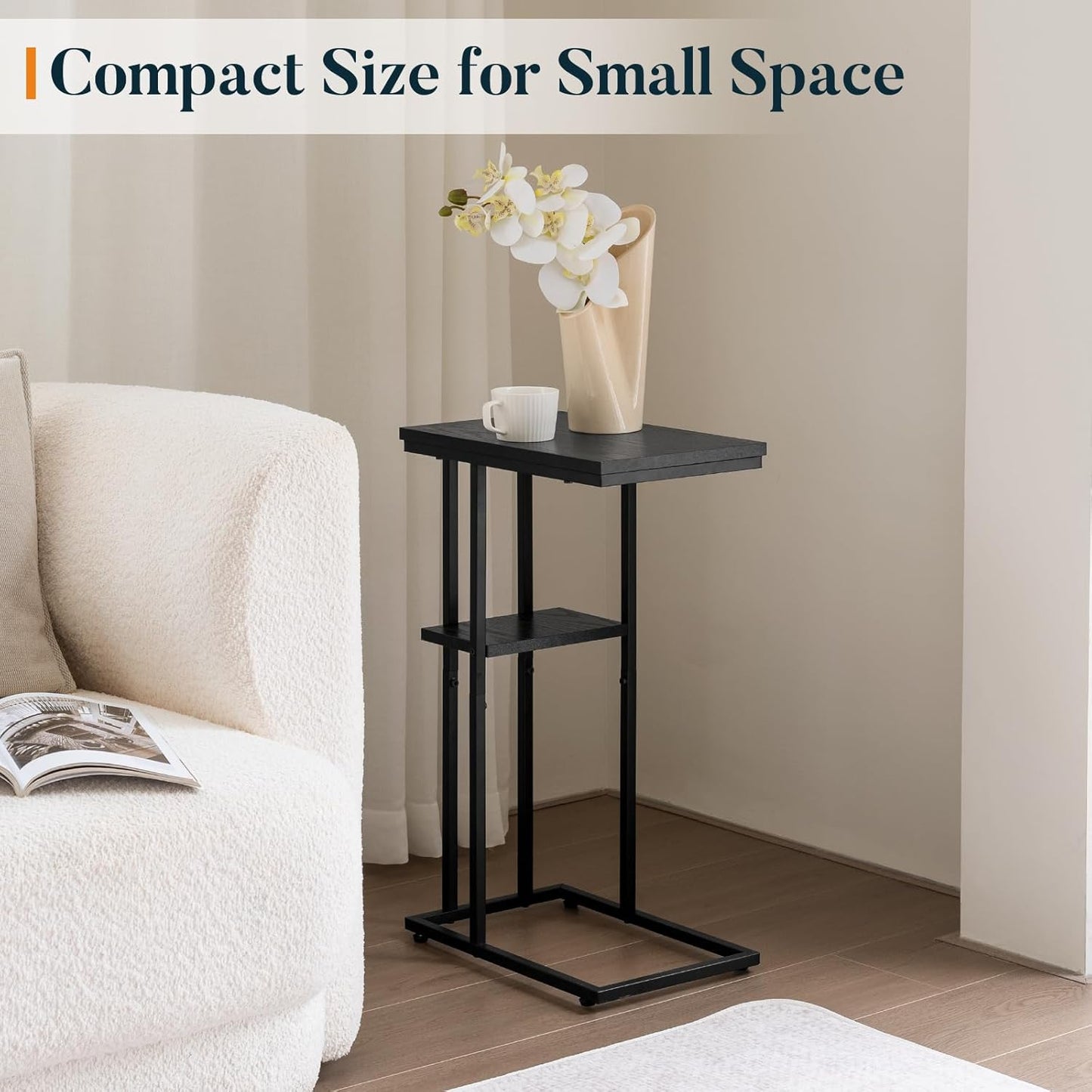 Yoobure C Shaped End Table, Side Table for Couch and Bed, Small Side Table for Small Spaces, Living Room, Bedroom, Rustic Snack Table