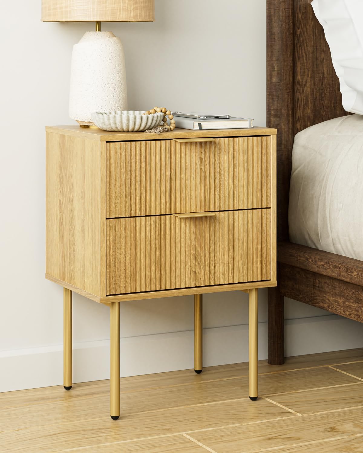Nightstand,Morden Bedside Table with Gold Frame,Small White Night Stand,End Table,Bedside Furniture,Side Table with Drawer and Shelf for Bedroom,Living Room (2Drawers, Oak)