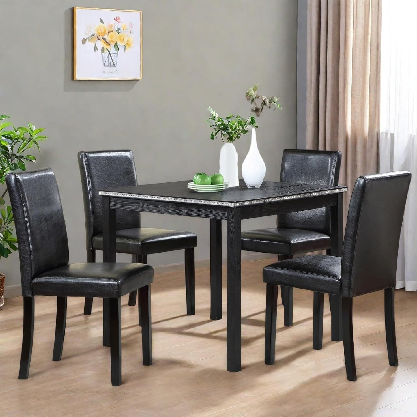 Dining Table Set for 4, 5-Piece Dining Room Table Set with Square Crystal Decoration Table & 4 Upholstered Backrest Chairs, Counter Height Kitchen Sets with Faux Wood Grain Design, Black