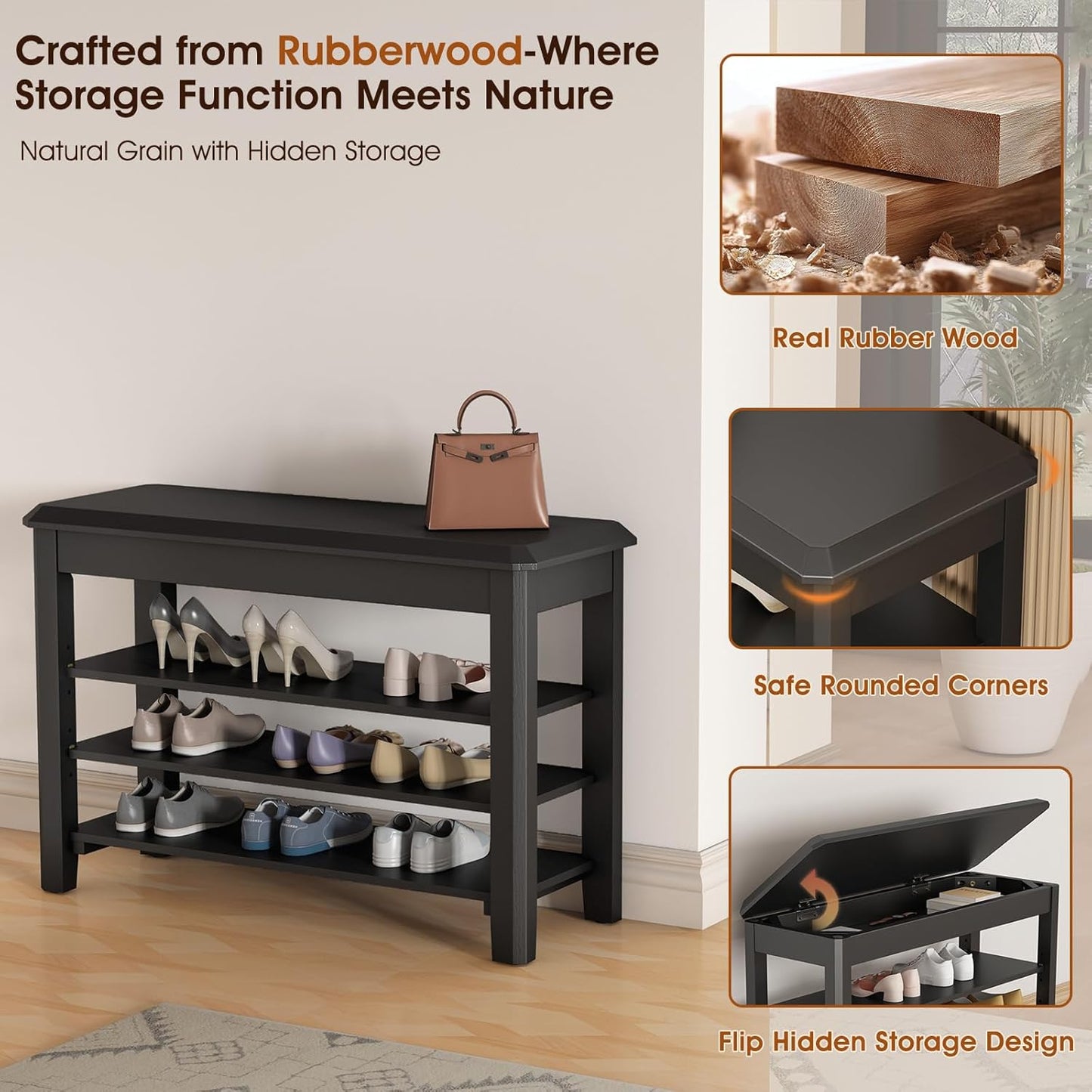 Shoe Rack Bench Seat Rubberwood 3-Tier Wooden Storage Bench 550lbs Compact Mid-Century Modern Design for Entryway, Hallway, Closet, Front Door Entrance, Foyer