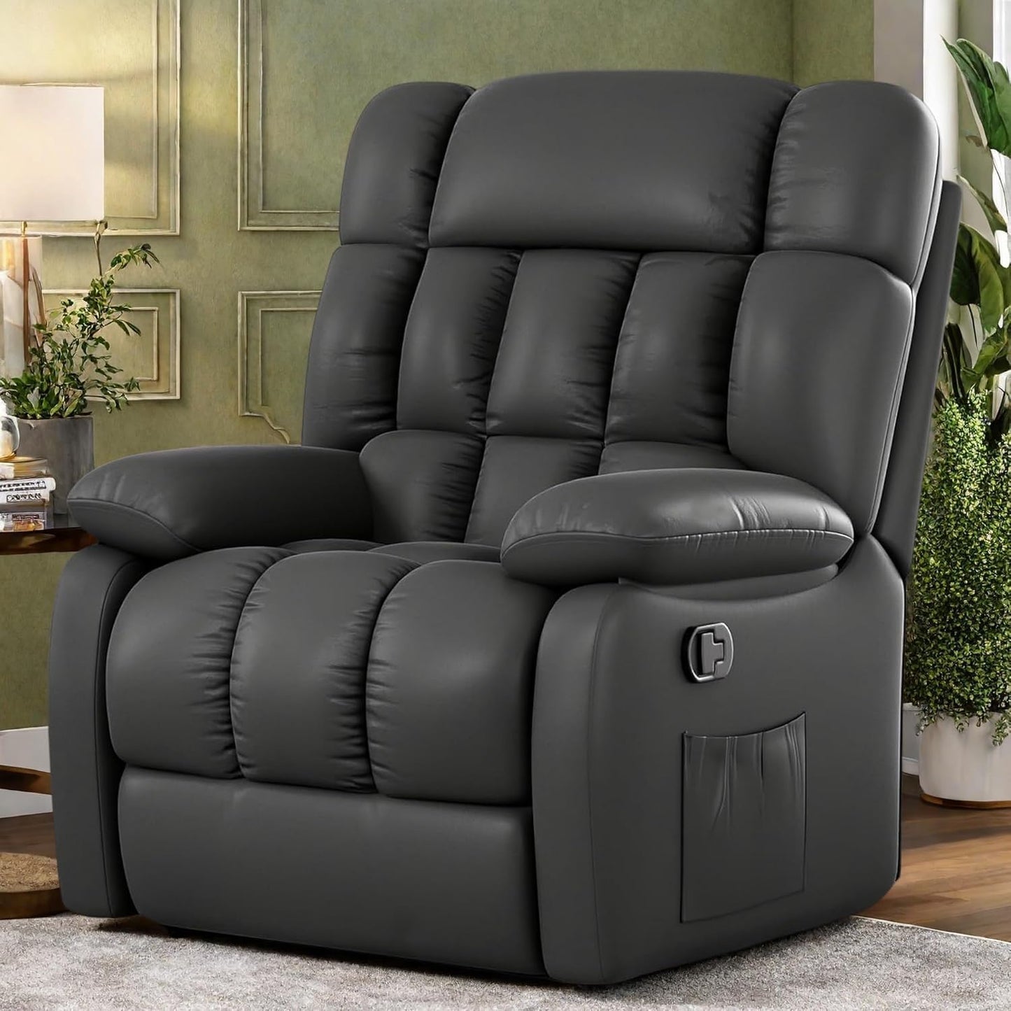 Oversized Recliner Chair, Leather Adjustable Recliner with Side Pockets, Living Room Reclining Lounge Chair for Adults, Small Spaces Comfy Sofa with Theater Seating for Bedroom, Black