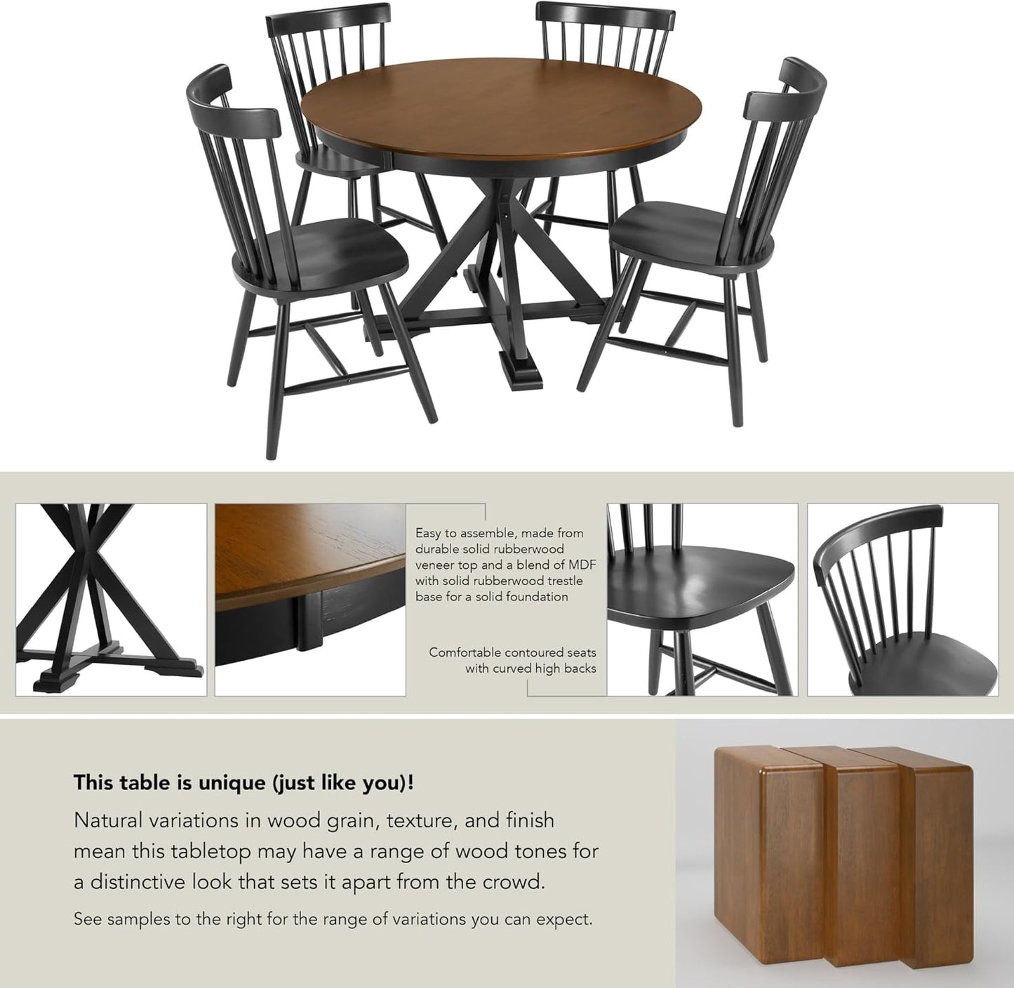 Bush Furniture Round Dining Table Set for 4, with 45 inch Trestle Design, High Back Spindle Dining Chairs, Transitional, West End Collection, Dark Brown and Black
