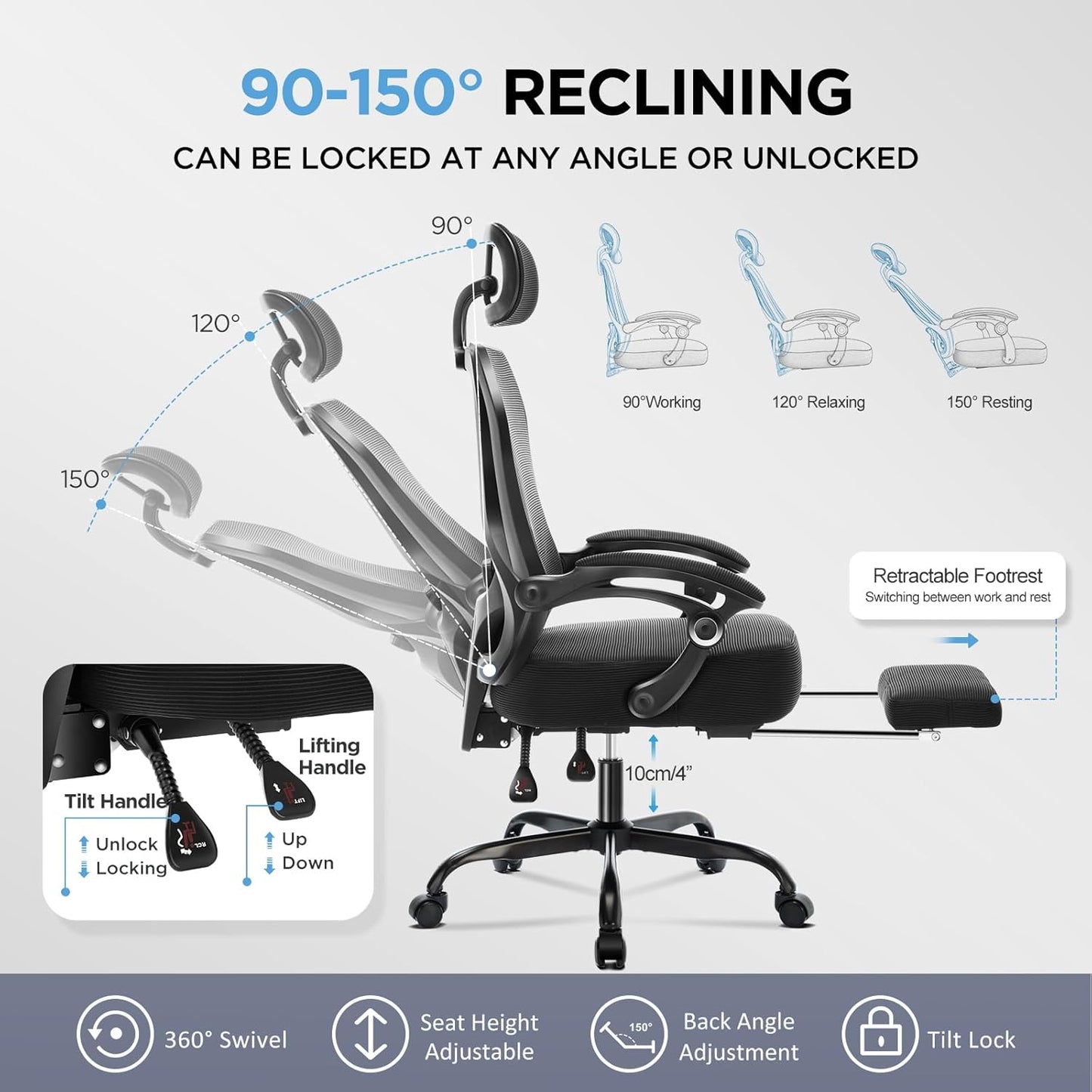 Ergonomic Office Chair with Footrest,Ultra Thick Reclining Office Desk Chair with Adjustable 2D Lumbar Support and Headrest,Spring Cushion,High Back Premium Mesh Computer Chair Office Chairs,Black