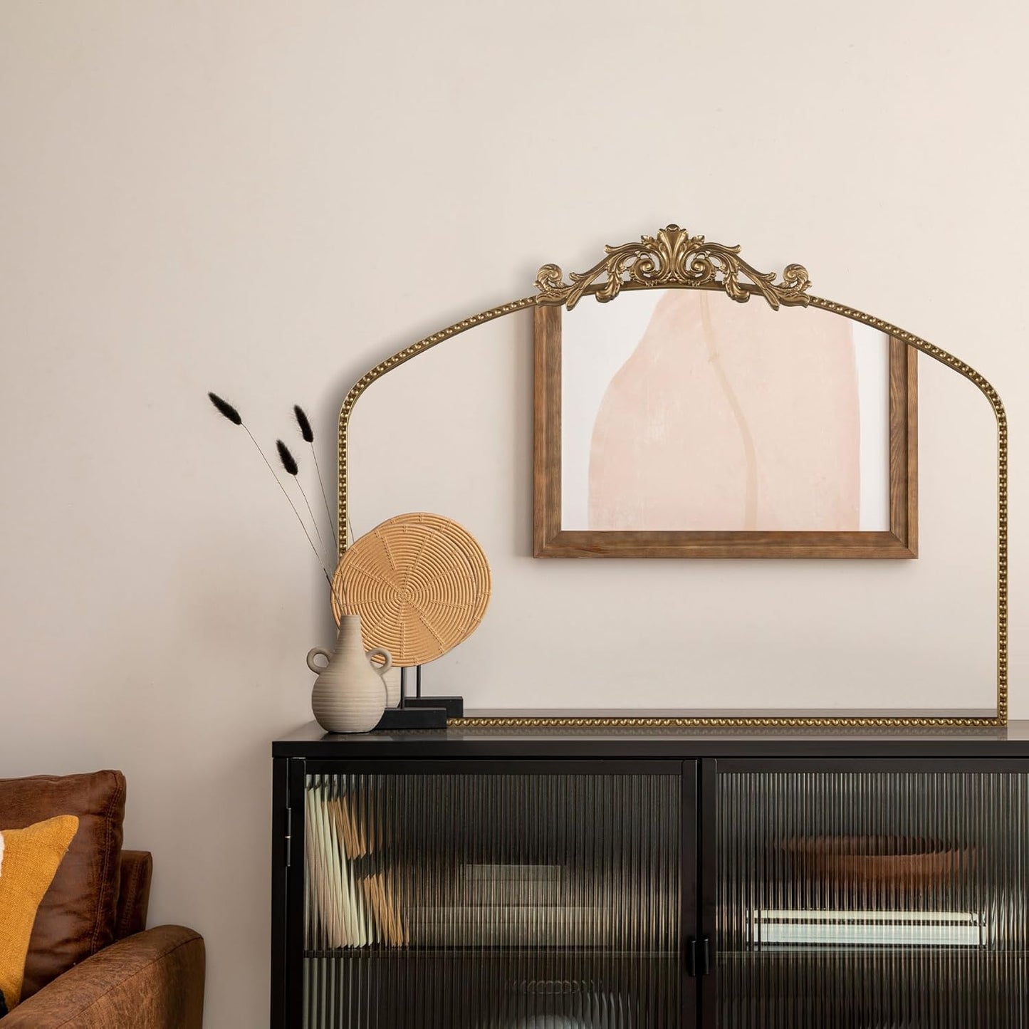 Large Ornate Gold Antique Mirror 40” x 30”, Vintage Wall Mirror with Gold Beaded Arch Frame, Dresser Mirror for Dining Room,Living Room, Sofa Wall, or Hallway Decor