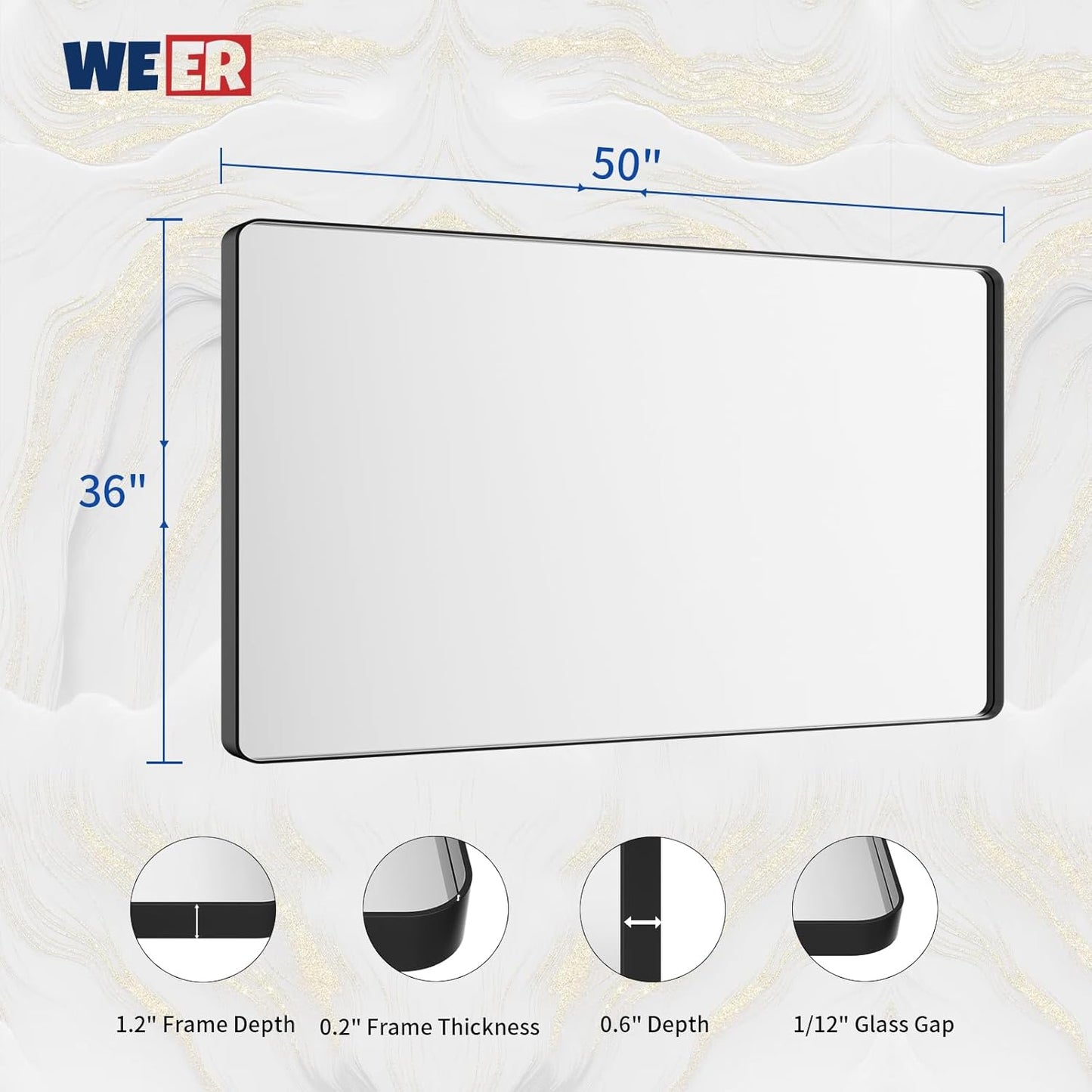 WEER Black Bathroom Mirror for Wall, 50X36 Inch Matte Black Mirror, Rectangular Black Metal Framed Vanity Mirror with Tempered Glass, Rounded Corner, Anti-Rust (Horizontal/Vertical)