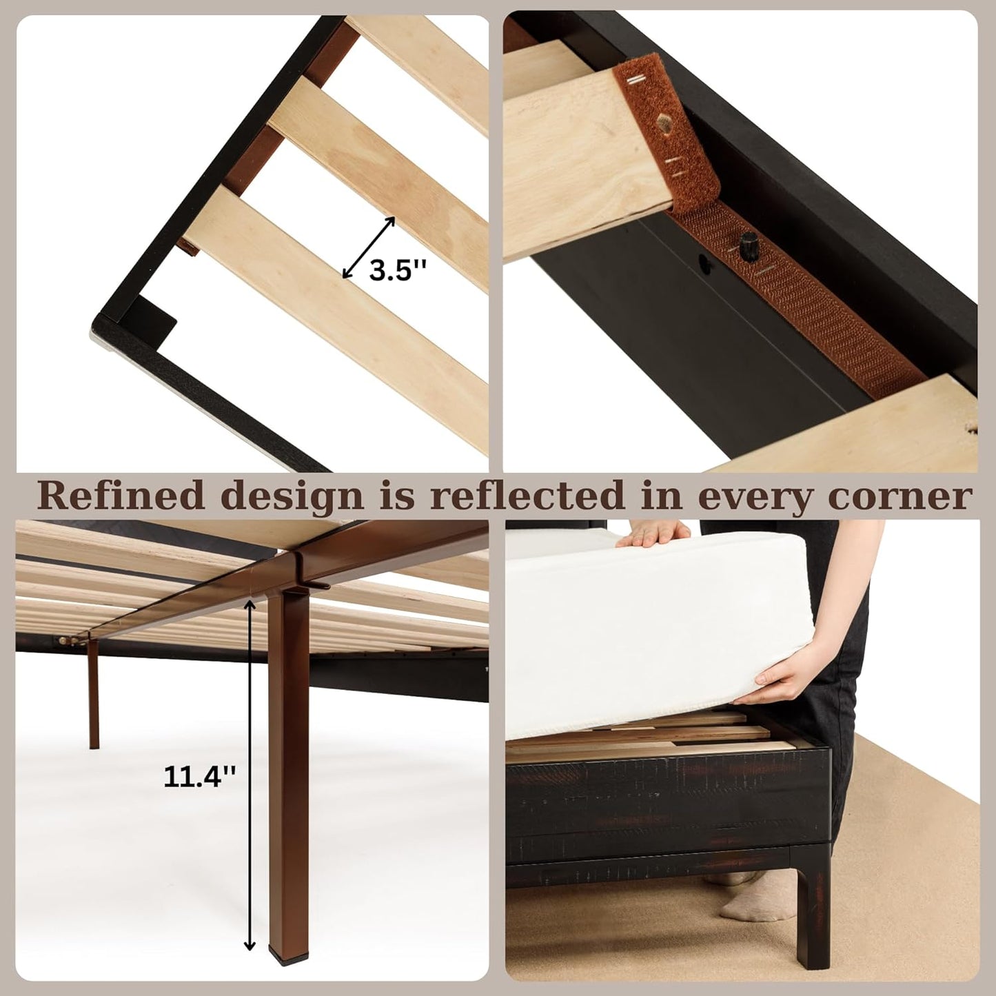 Bme Vivian 14 Inch Deluxe Bed Frame with Headboard, Rustic & Scandinavian Style with Solid Acacia Wood, No Box Spring Needed, 12 Strong Wood Slat Support, Easy Assembly, King, Rustic Black