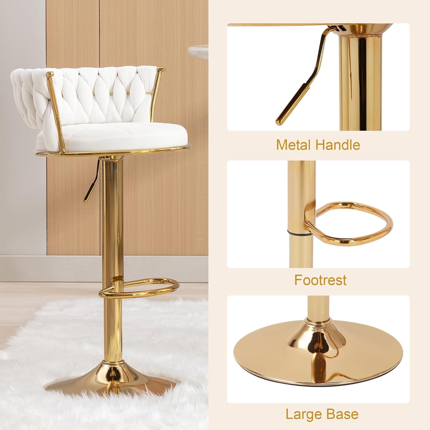 VECELO Bar Stools Set of 4, Modern Luxury Velvet Woven Counter Height Stools with Back and Arm, Gold Metal Leg & Base, 360 Swivel Bar Chair for Pubs Dining Room, White