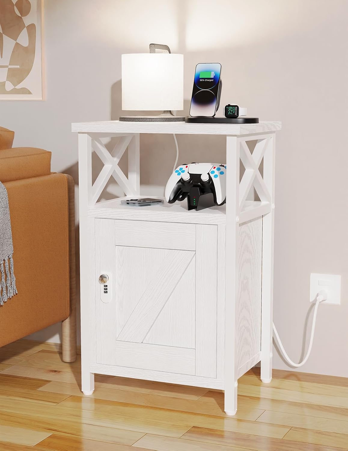 Wooden Nightstand with Lock, Bed Side Table with Drawers, Bedside Table with Charging Station, 3 USB & 2 Outlets, Night Stand with Storage, End Tables for Living Room, Bedroom, Dorm, White