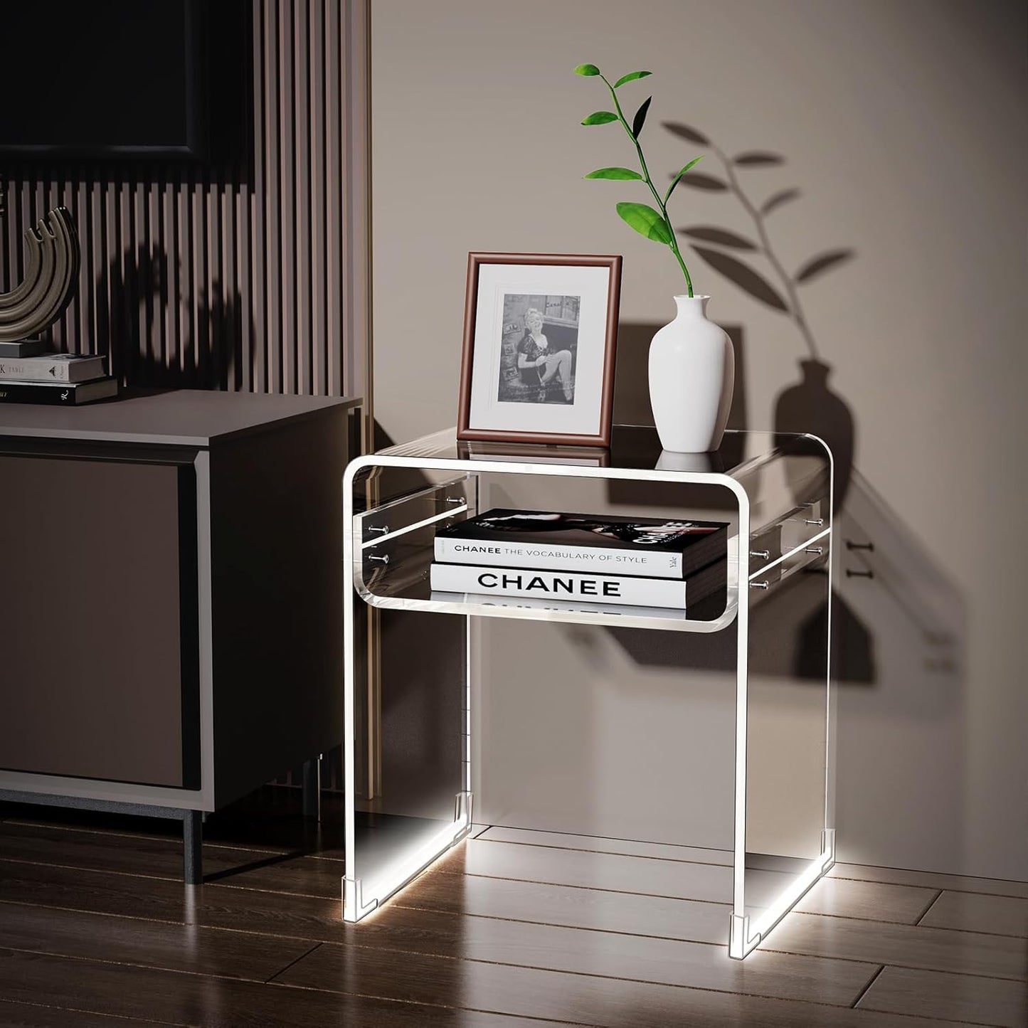 Clear Acrylic End Table 2-Tier Bedside Nightstand for Living Room Bedroom (1, Transparent LED)
