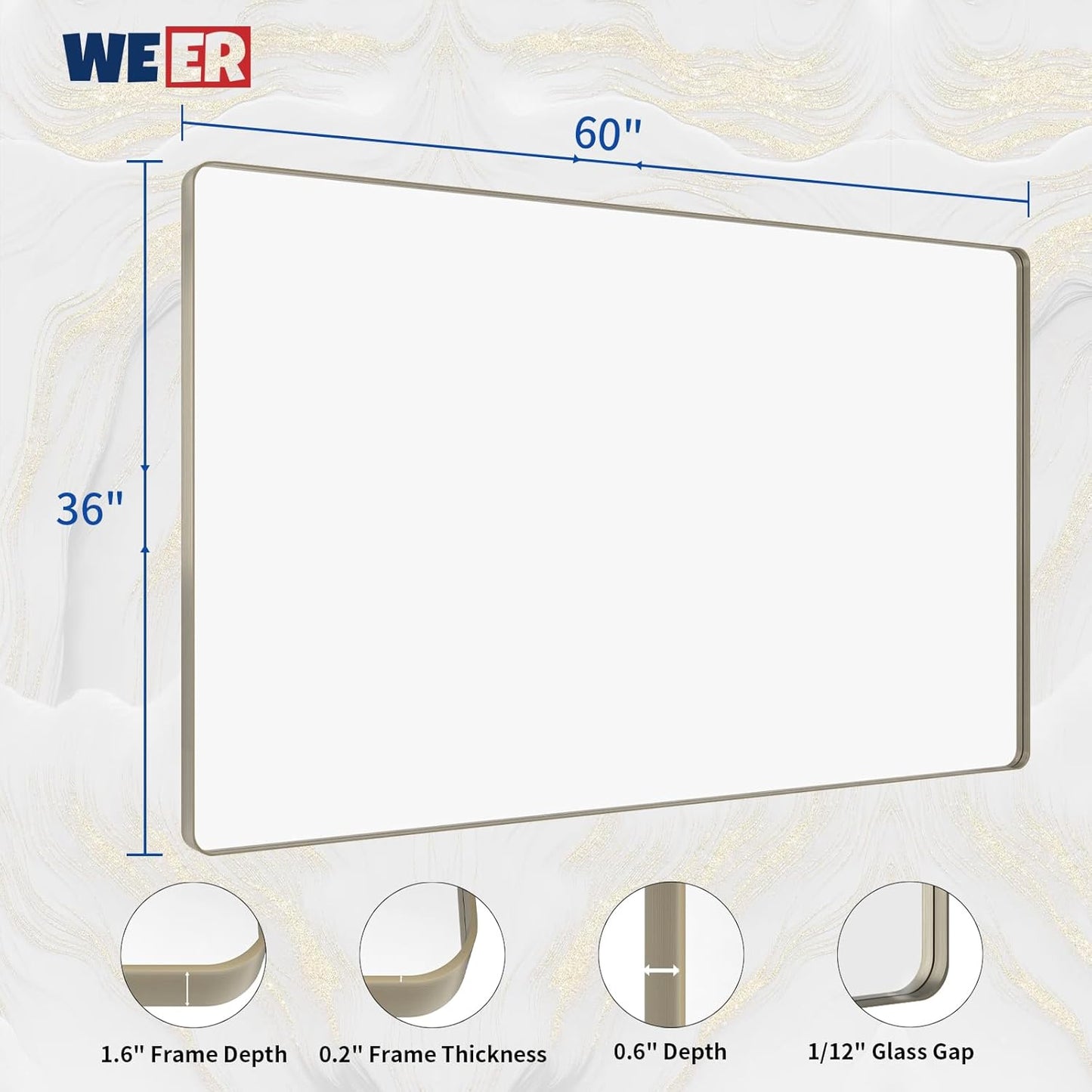 WEER 60X36 Inch Brushed Nickel Bathroom Mirror, Brushed Silver Metal Frame Mirror, Rounded Rectangle Silver Bathroom Vanity Mirror, Tempered Glass, Anti-Rust, Hangs Horizontally or Vertically