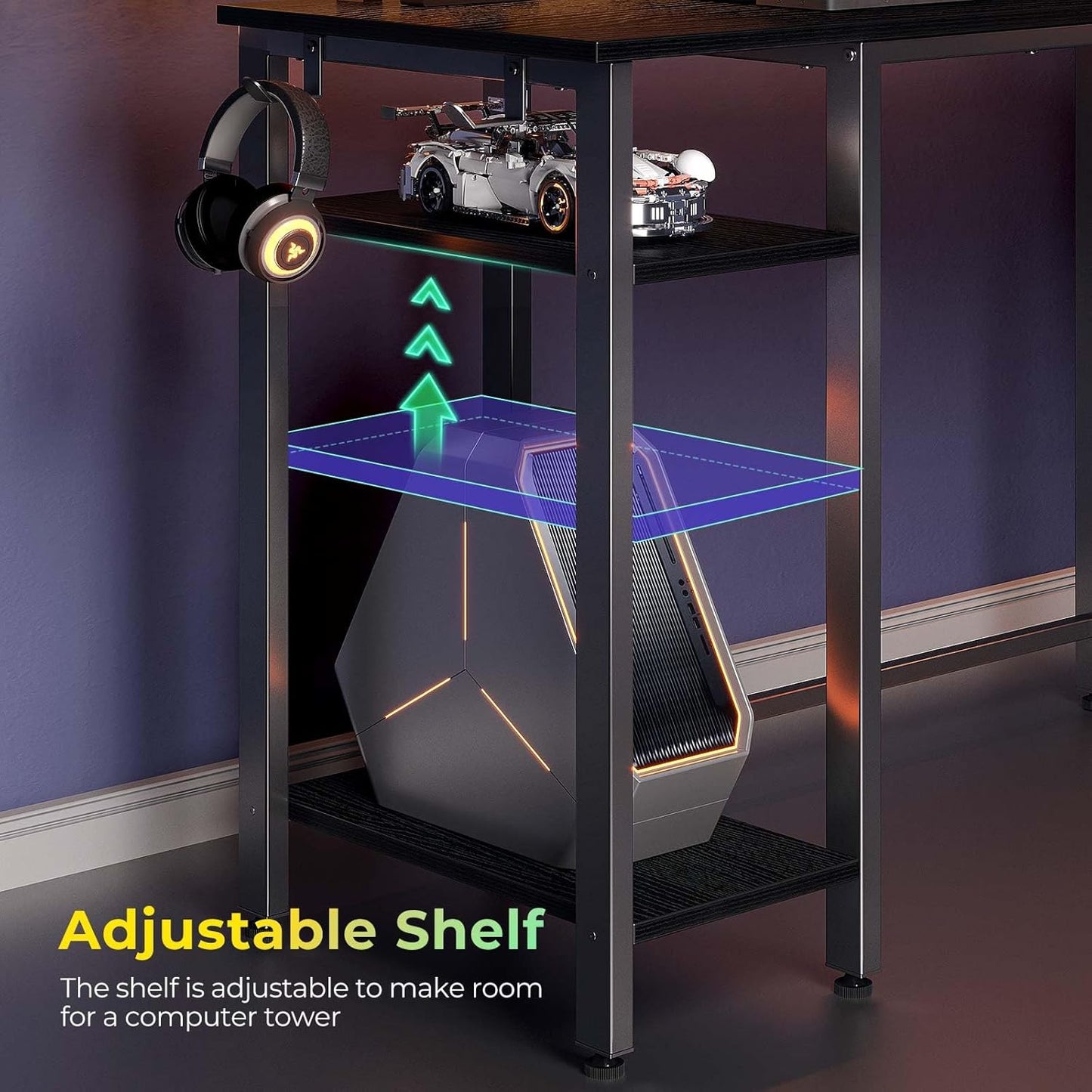 Rolanstar L Shaped Gaming Desk with LED Lights & Power Outlets, 53" Computer Desk with Full Monitor Stand & Storage Shelf, Corner Desk with Hooks, Black Desk Reversible