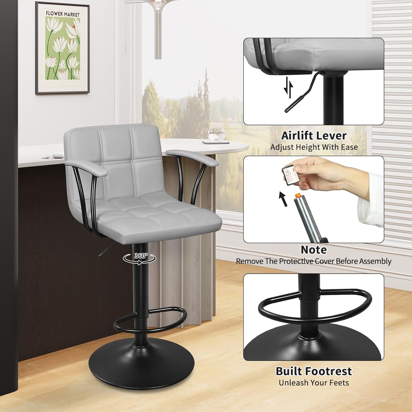 Bar Stools Set of 2, Armrest Adjustable Swivel Barstools with Back, Double Needle PU Leather Counter Height Chairs for Kitchen lsland (Light Grey)