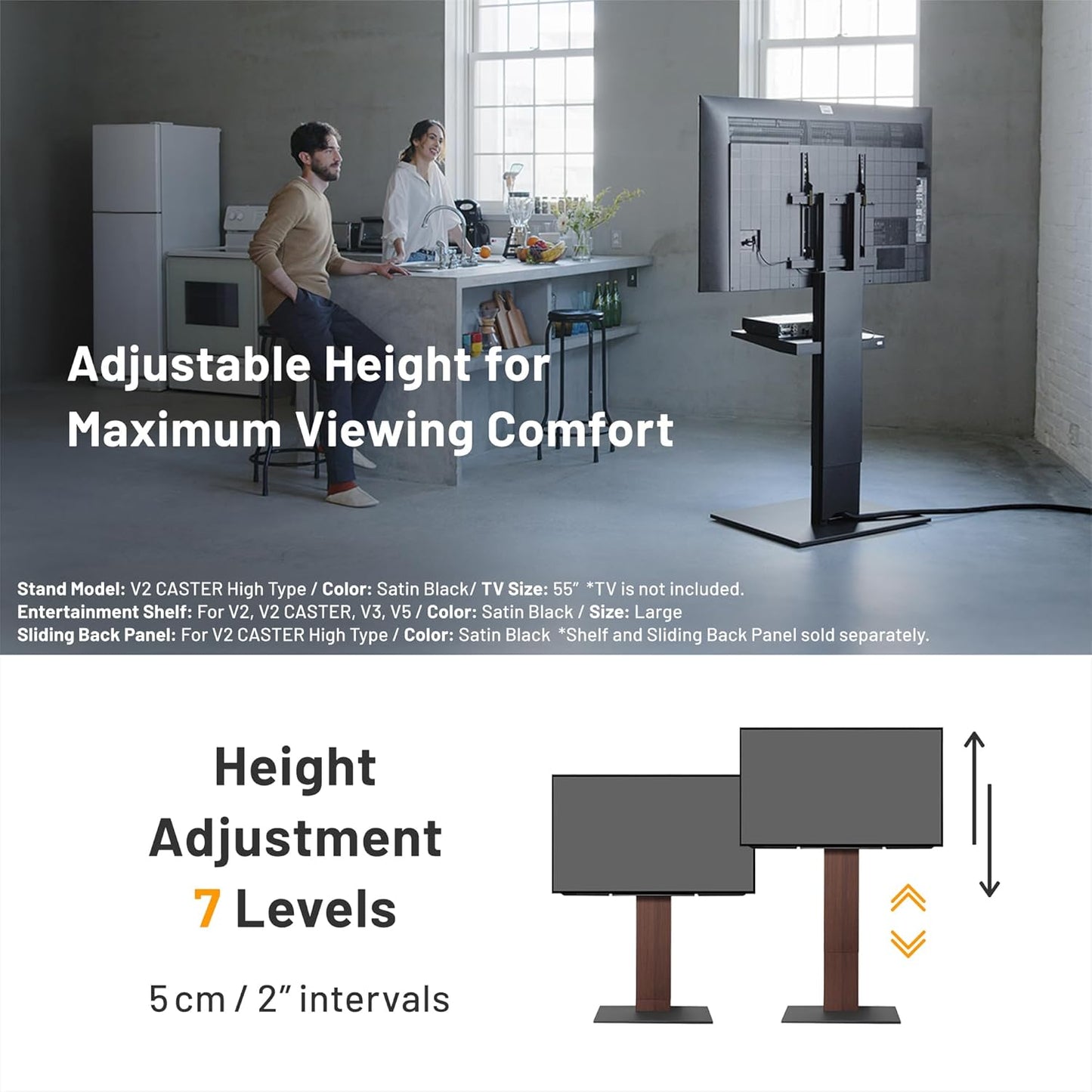 WALL V2 Caster High Type | Minimalist Rolling TV Stand for 32–60 Inch | Satin White | Portable, Space Saving, Height Adjustable, No Drill | for Living Room and Bedroom | Japanese Design & Engineering