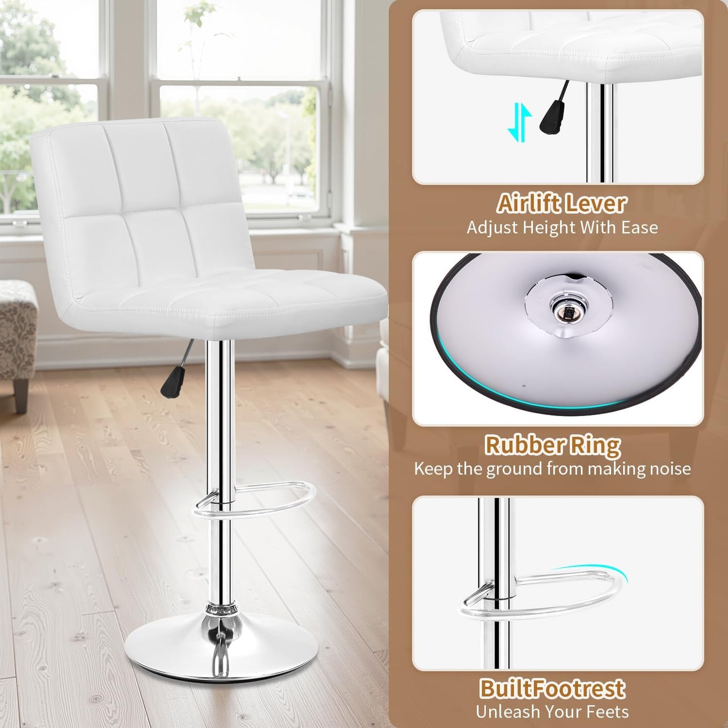 BestOffice Bar Stools Set of 2, Adjustable PU Leather Swivel Barstools, Modern Counter Stools with Back and Footrest, Counter Height Barstools for Bar, Kitchen and Dining Room