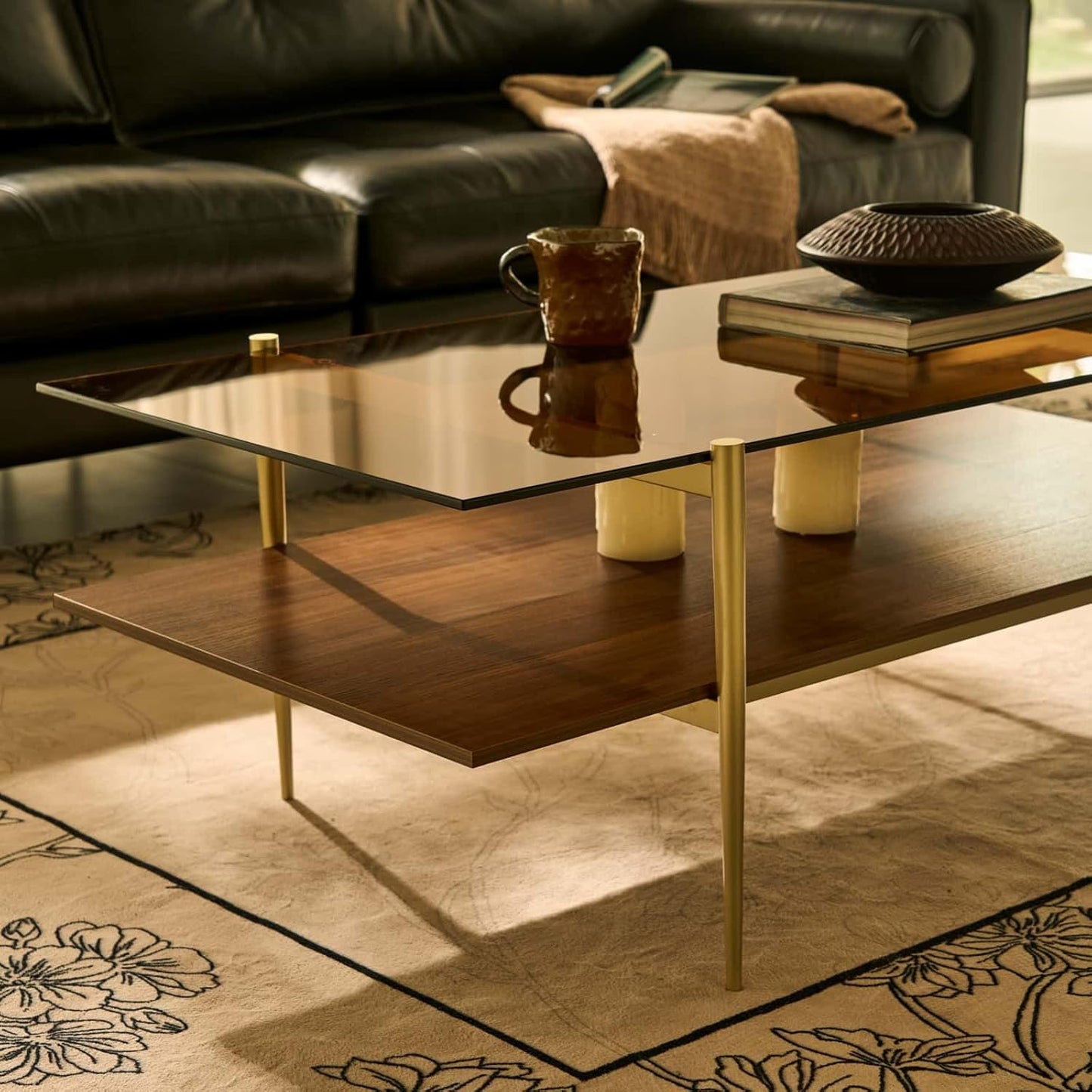 AGV LIGHTING Tadio Large Glass Coffee Table, Mid-Century Modern Coffee Table for Living Room, Gold Finish Leg, Coffee Brown Glass Top & Walnut Brown Shelf, 47 in