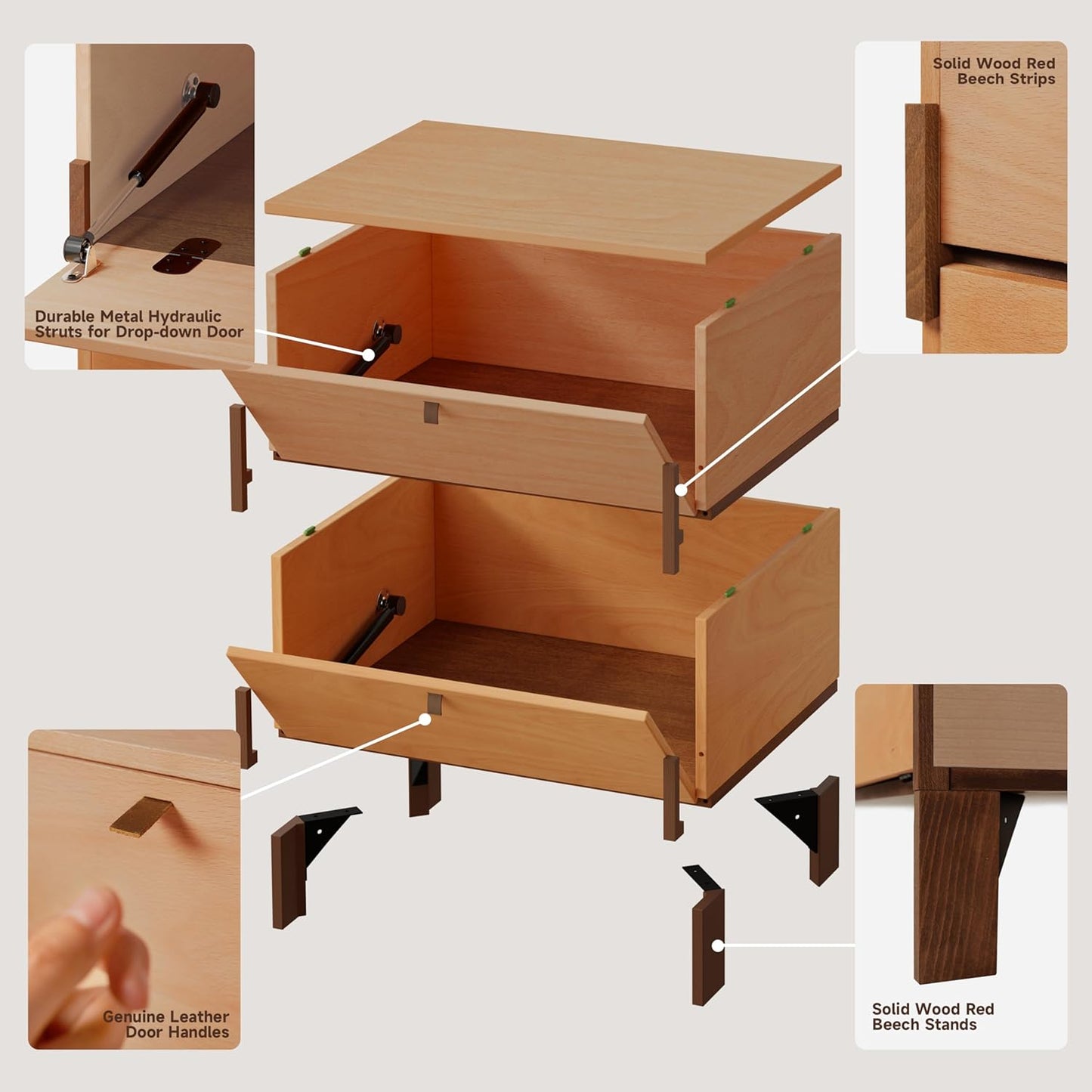 Sebastack Night Stand, Customizable 2 Drawers Bedside Table, End Table, Side Table for Bedroom, Dormitory, Mid-Century Style Wood Chest of Furnitures, Beech and Walnut Color Combo