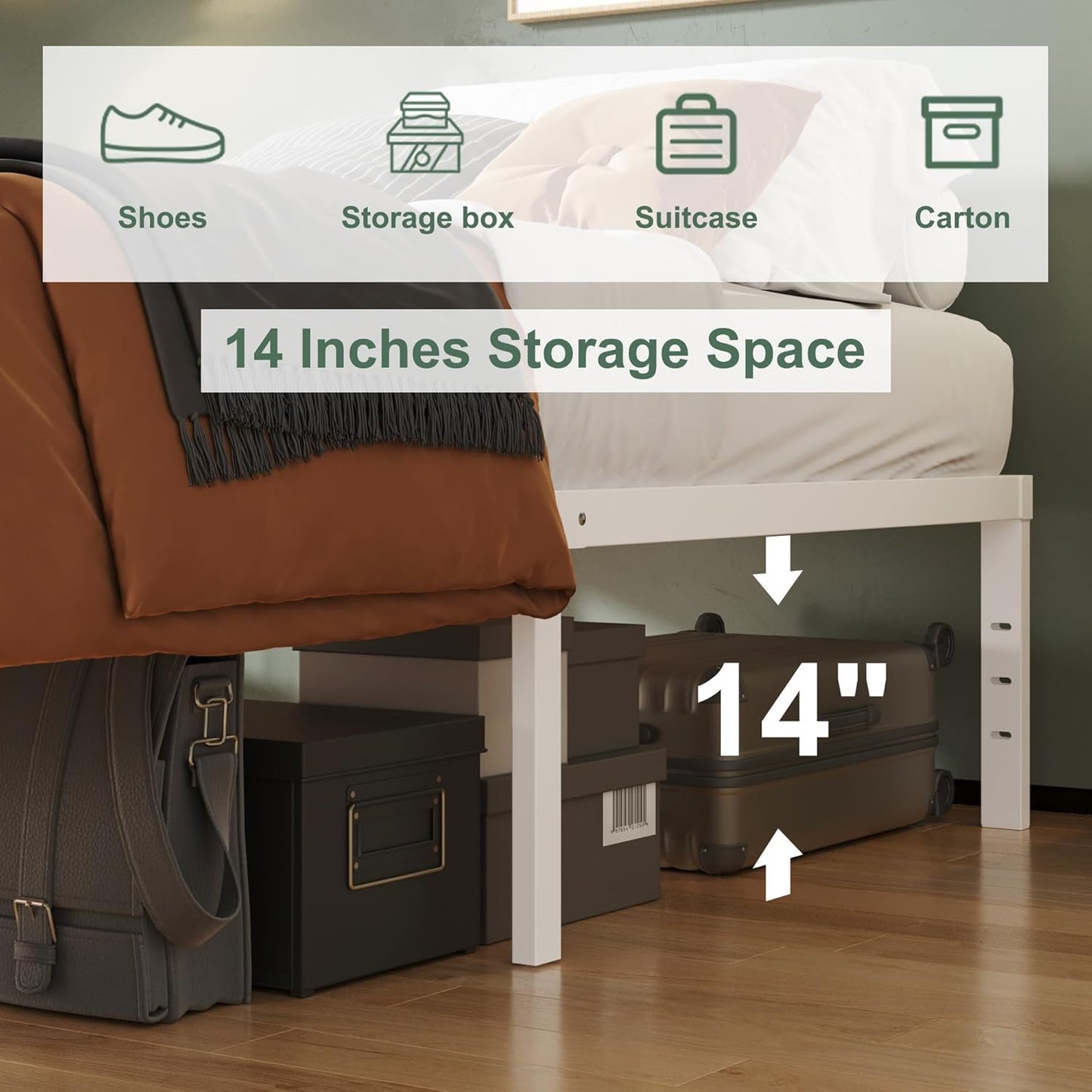 16 Inch White Queen Bed Frame No Box Spring Required, Metal Platform Queen Size Bed Frames with High Storage, Eassy Assembly 3,500 lbs Heavy Duty Bedframes