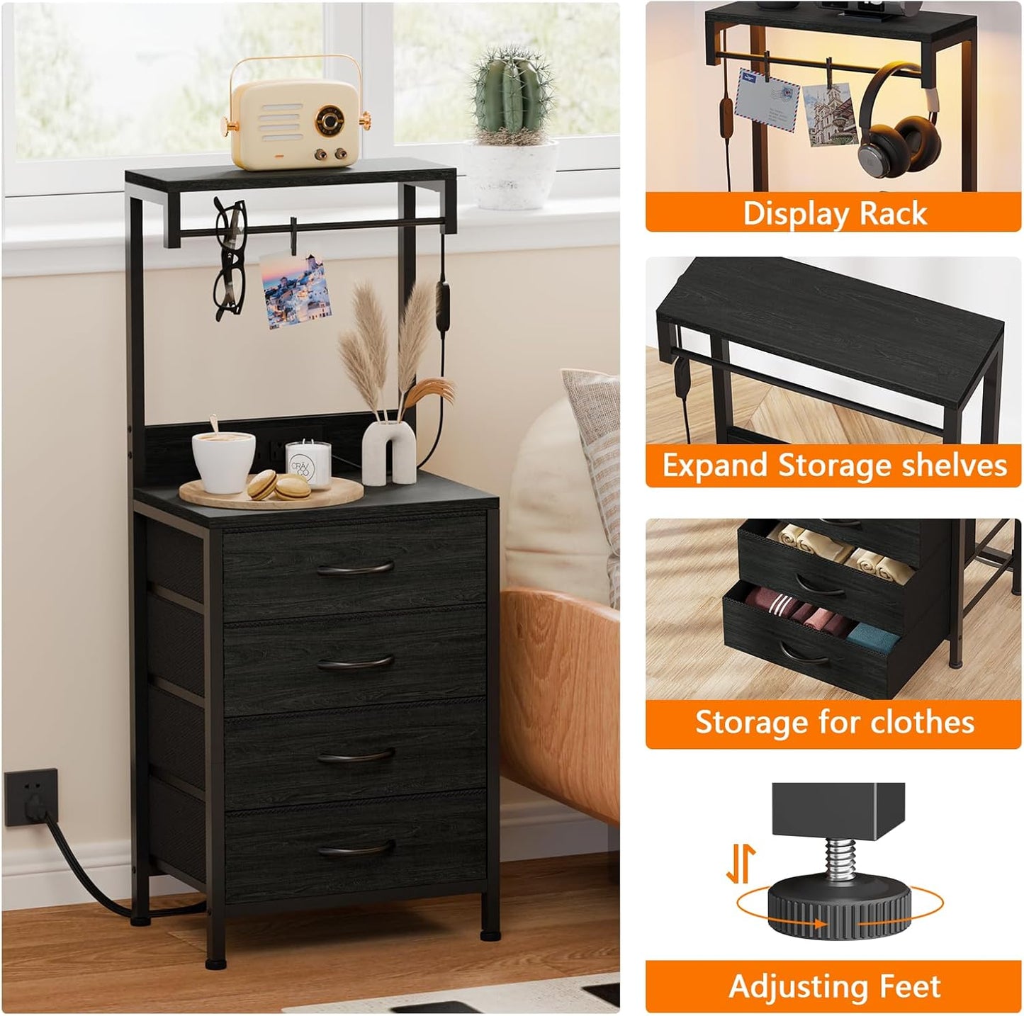 Furnulem Tall Nightstand with Charging Station, Night Stands with LED Lights and Storage Shelves, Bed Side Table for Bedroom, Hallway, Office, 4 Fabric Drawers (Black Oak)