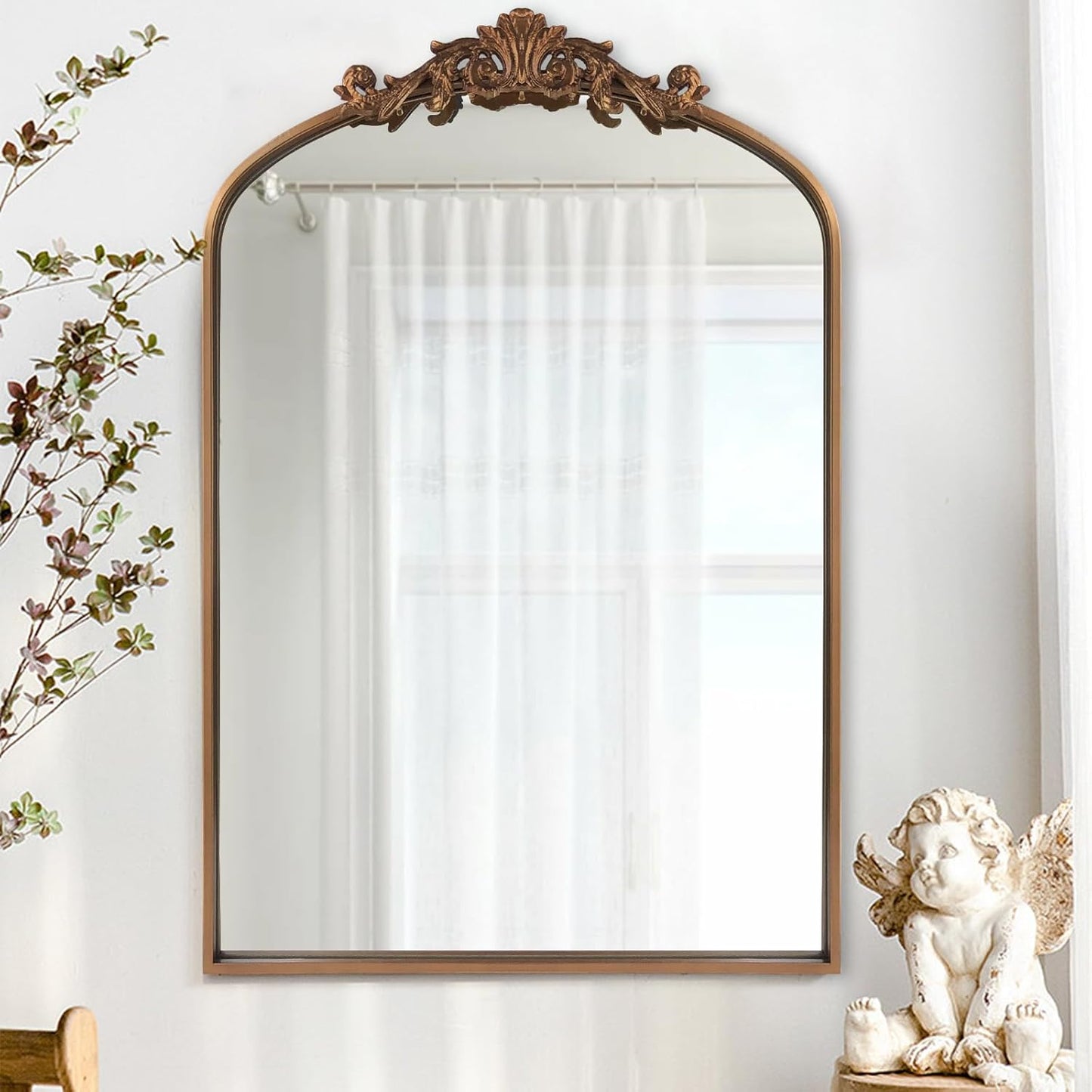 WAMIRRO Antique Mirror,Gold Traditional Vintage Ornate Baroque Arched Brass Mirrors Entryway/Fireplace/Living Room/Hallway/Bathroom 24"X36"