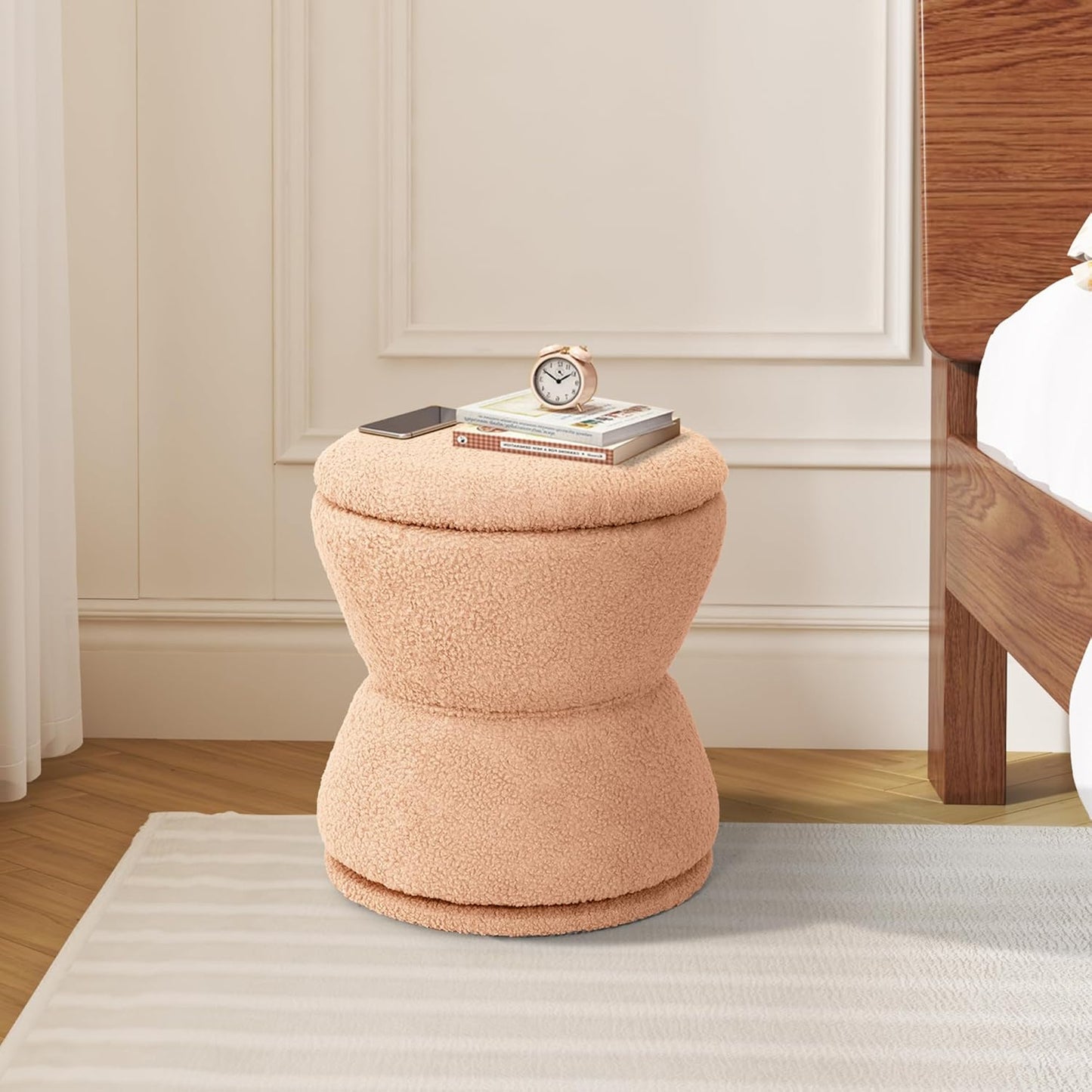 360 ° Swivel Storage Ottoman, Boucle Ottoman Vanity Stool, Upholstered Footstool with Storage Removable Lid, Modern Round Boucle Footrest Coffee Table for Living Room, Dorm, Makeup Room, Coral