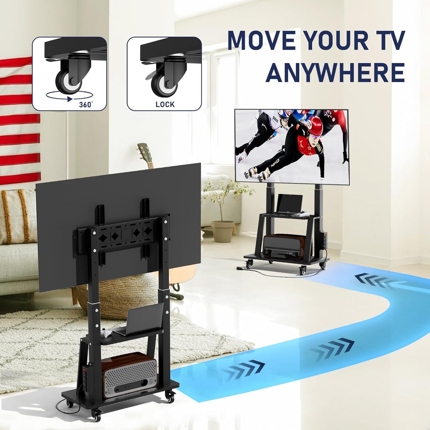 Mobile TV Cart with Power Outlet, Rolling TV Stand on Wheels for 32 to 65 70 75 83 inch TV, Height Adjustable,Holds up to 130LBS, Vesa 600×400mm.